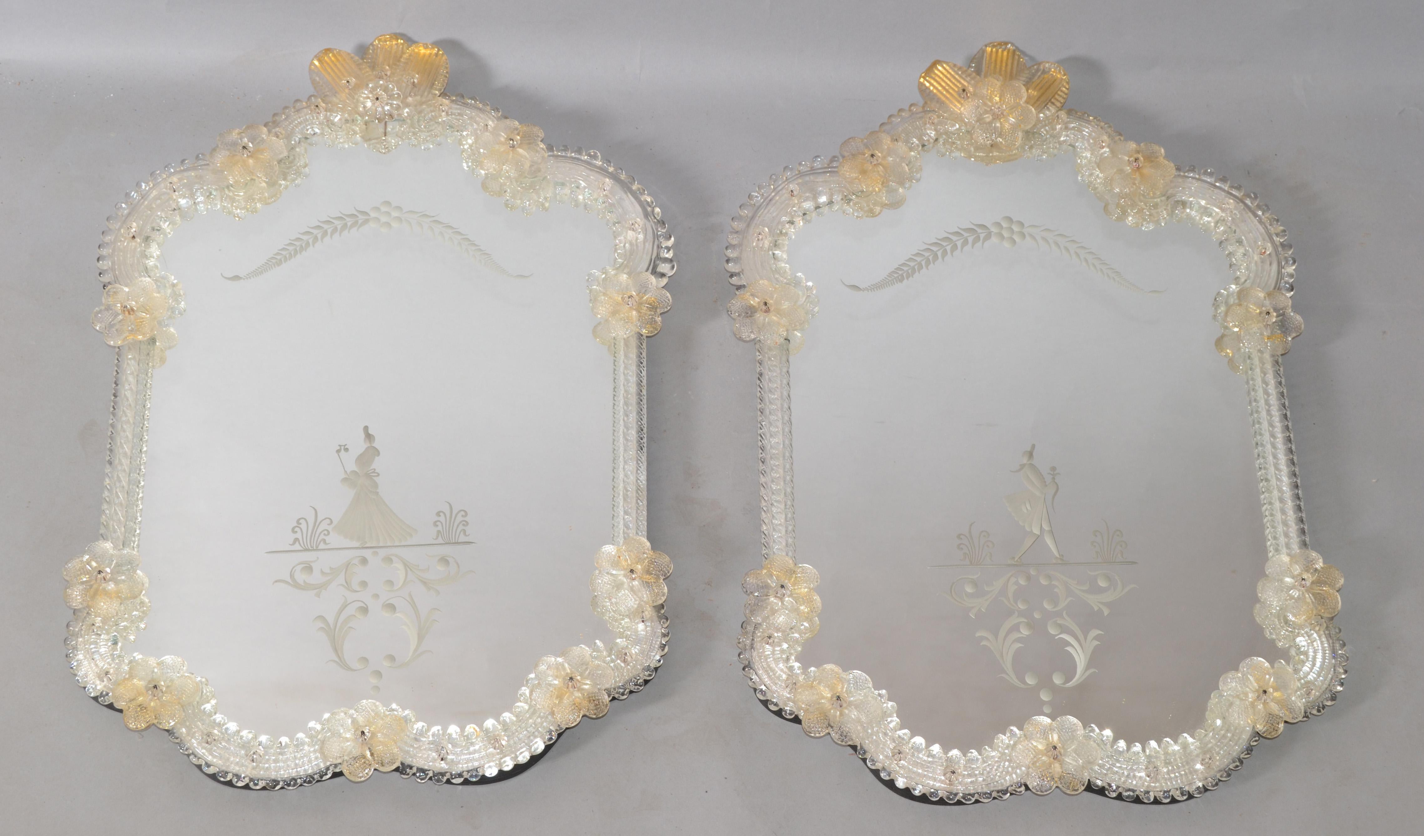 Rococo Revival Him and Her Etched Venetian Wall Mirror Bohemian Golden Flowers For Sale 2