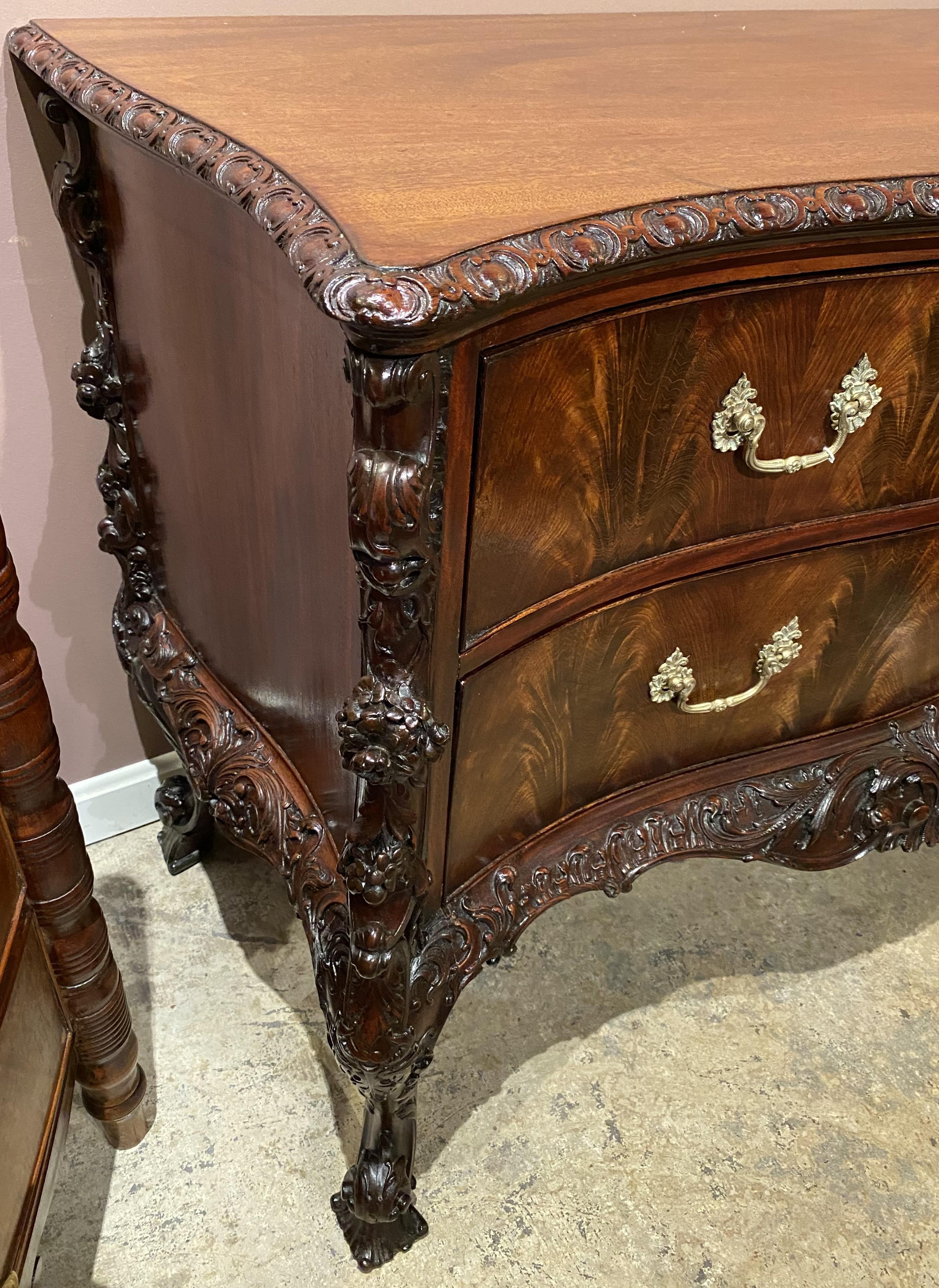 English Rococo Revival Mahogany Heavily Carved 2 Drawer Commode in the Chippendale Taste For Sale