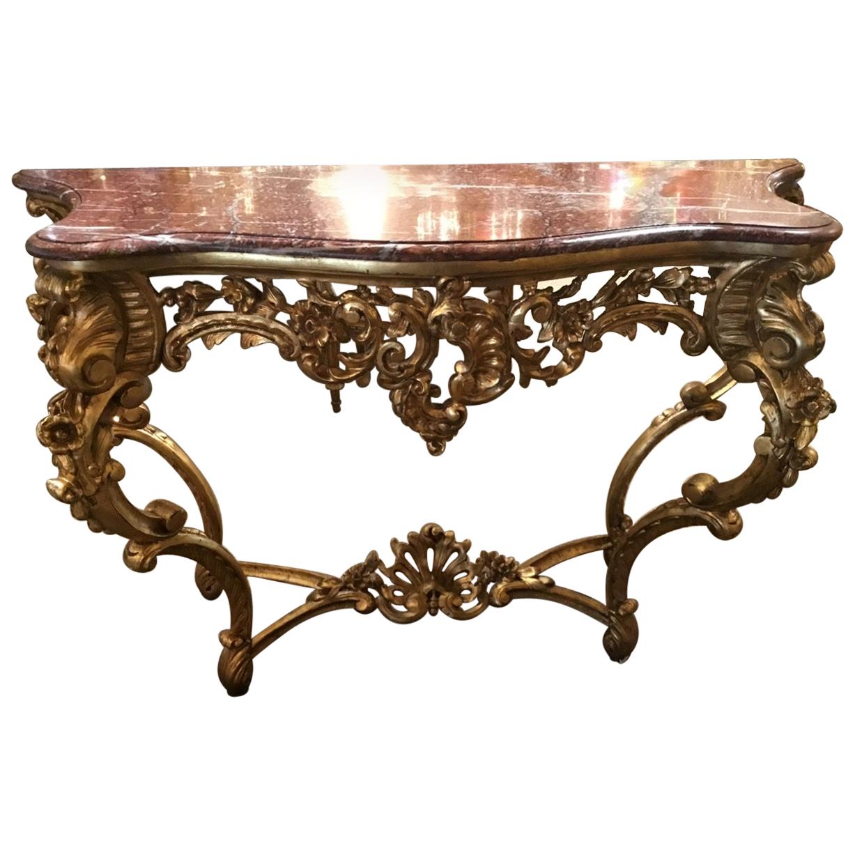 Rococo Revival Marble-Topped and Gilt Carved Wood Console Table, 19th Century For Sale