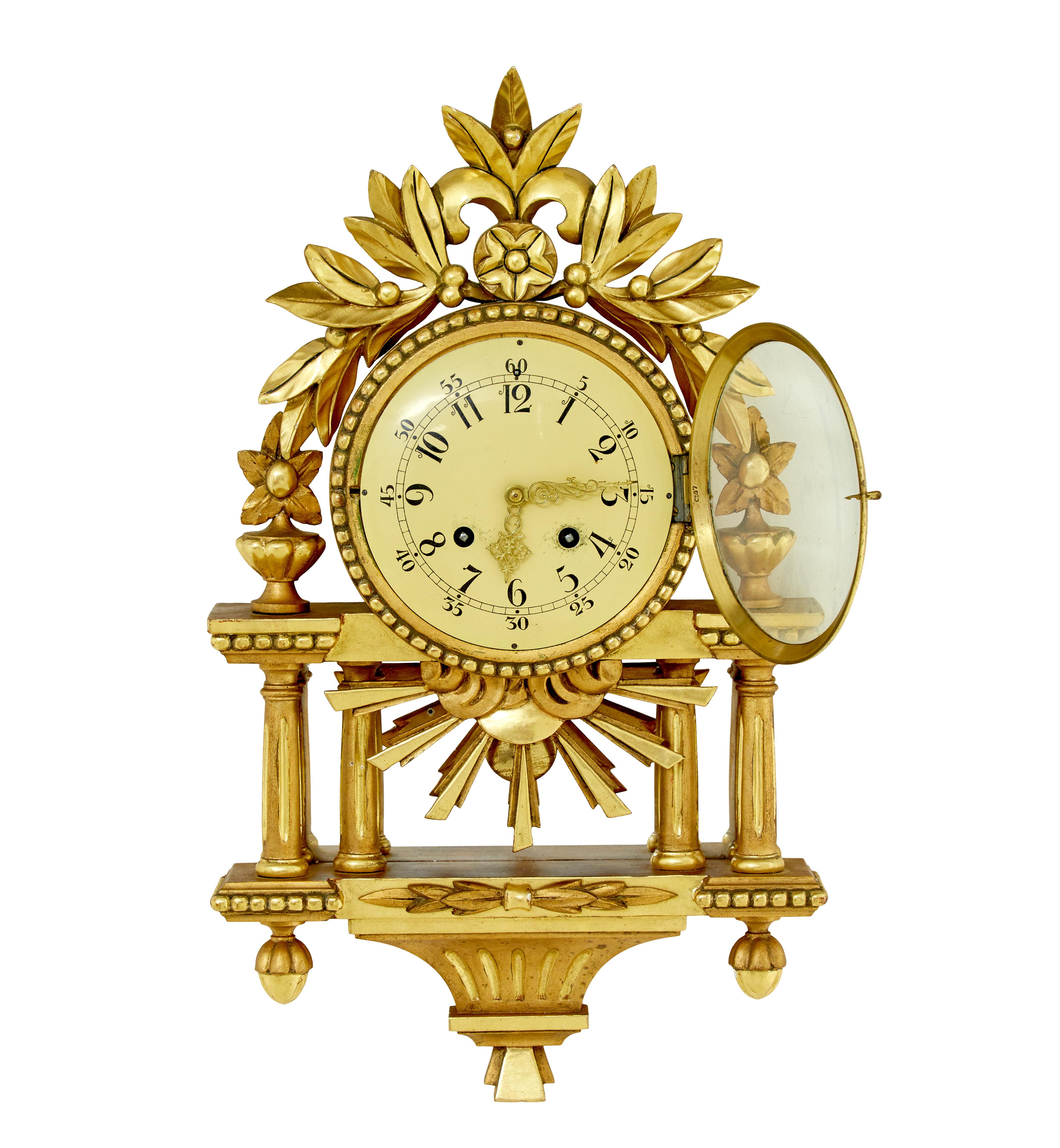 Rococo revival ornate carved gilt wall clock In Good Condition For Sale In Debenham, Suffolk