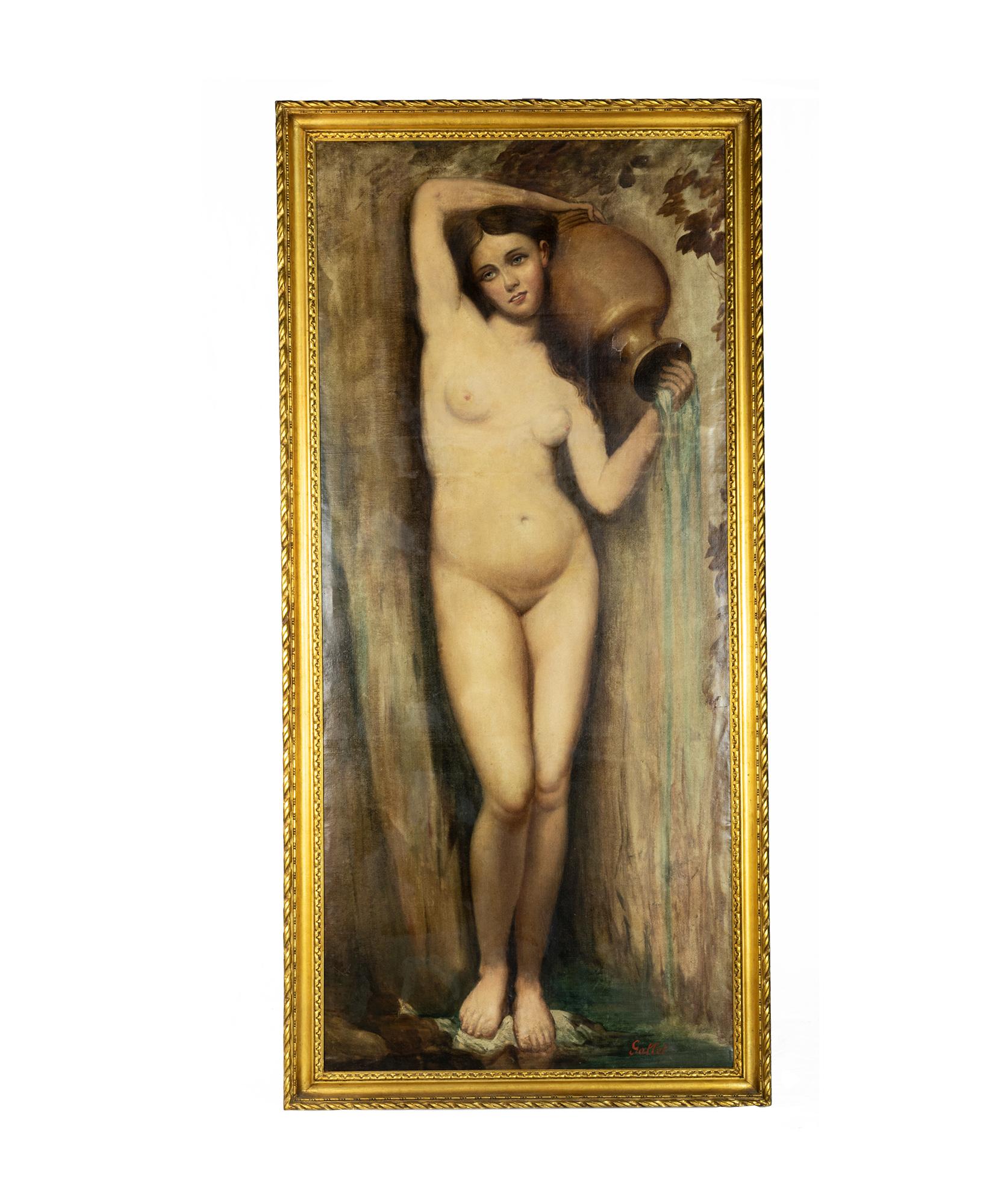 This large painting by Louis Jacques Gallet (1873-1955) beautifully captures the idealized female form, influenced by the Pre-Raphaelite movement. 
The subject, a nude woman holding an amphora, exemplifies the Rococo Revival style with its delicate