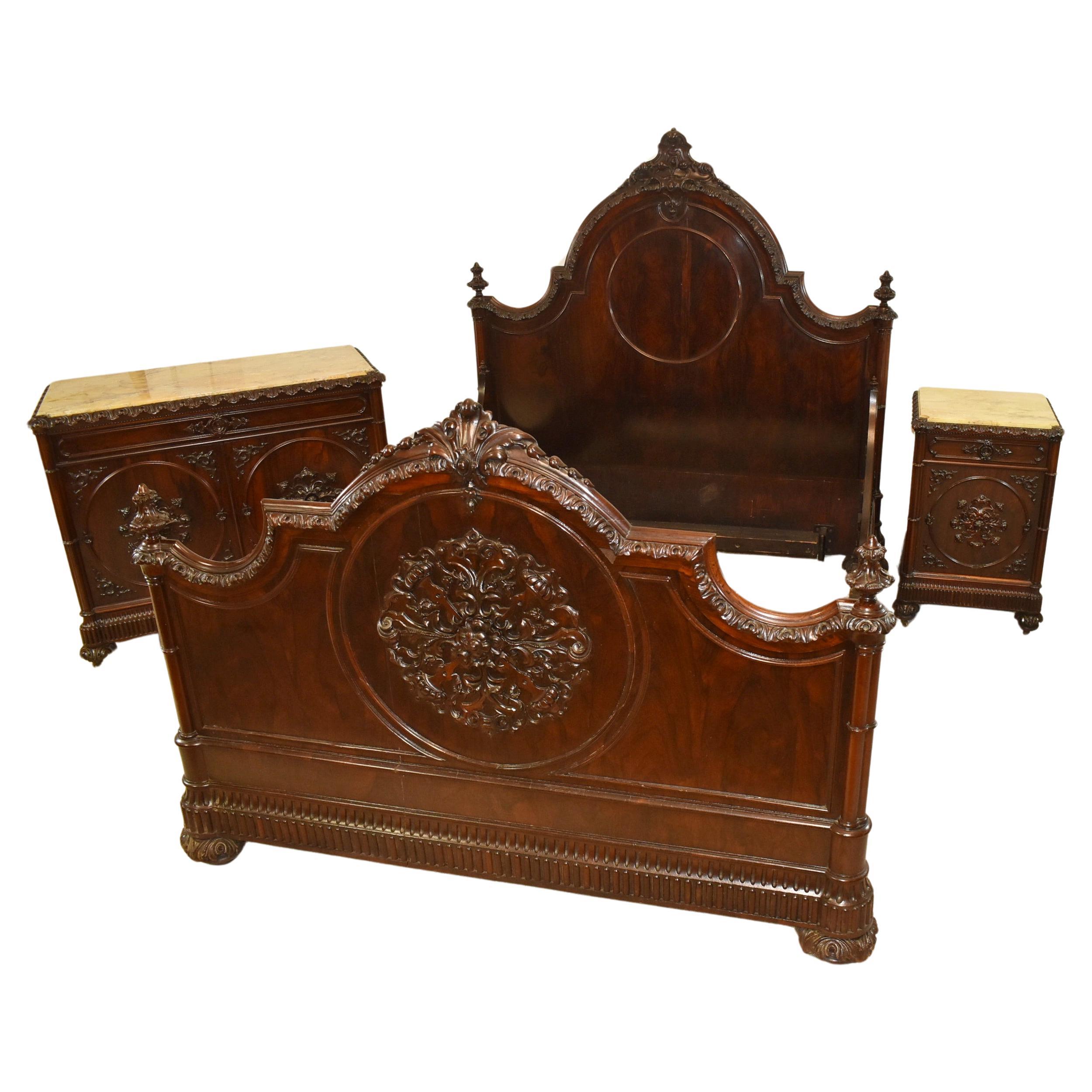 Rococo Revival Rosewood 3 Piece Bedroom Set, Full Bed Nightstand, 2 Door Cabinet For Sale