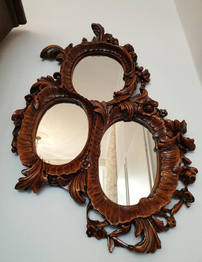 European Rococo Revival Style Console with Three-Part Mirror Carved Wood, 20th Century