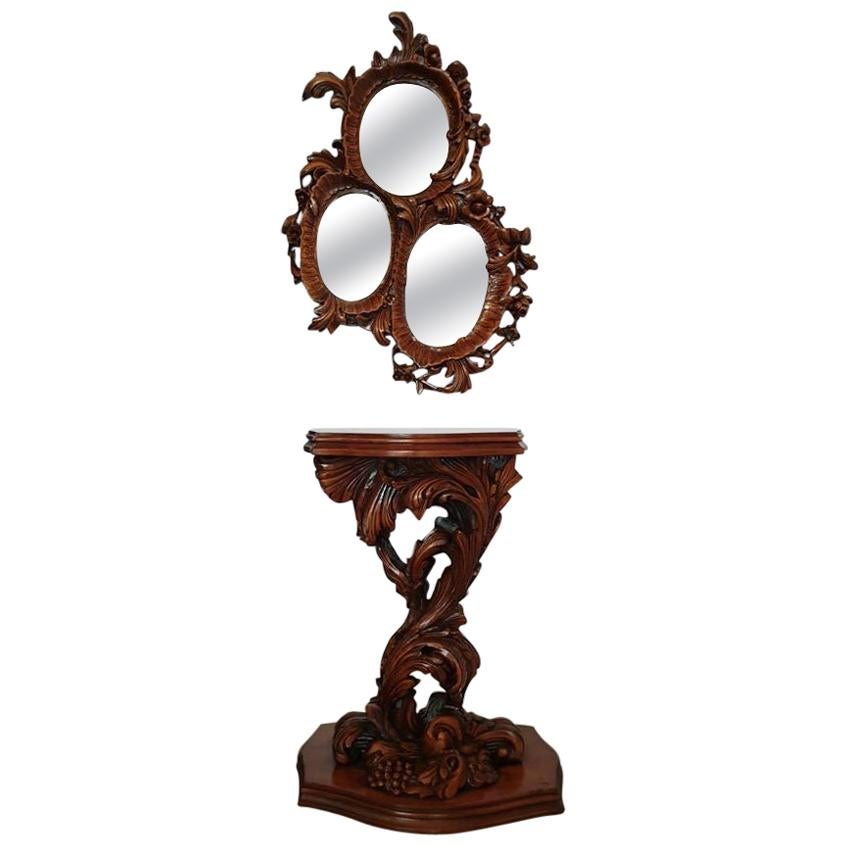 Rococo Revival Style Console with Three-Part Mirror Carved Wood, 20th Century
