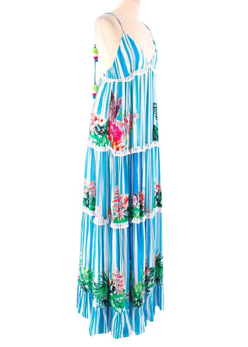 Rococo Sand Blue Stripe Blossom Maxi Dress  

- Blue Crepe Maxi Dress
- Striped with Floral Print and embroidered details 
- Scoop neck, spaghetti straps
- Lace trim details down dress 
- Full lined 

Please note, these items are pre-owned and may