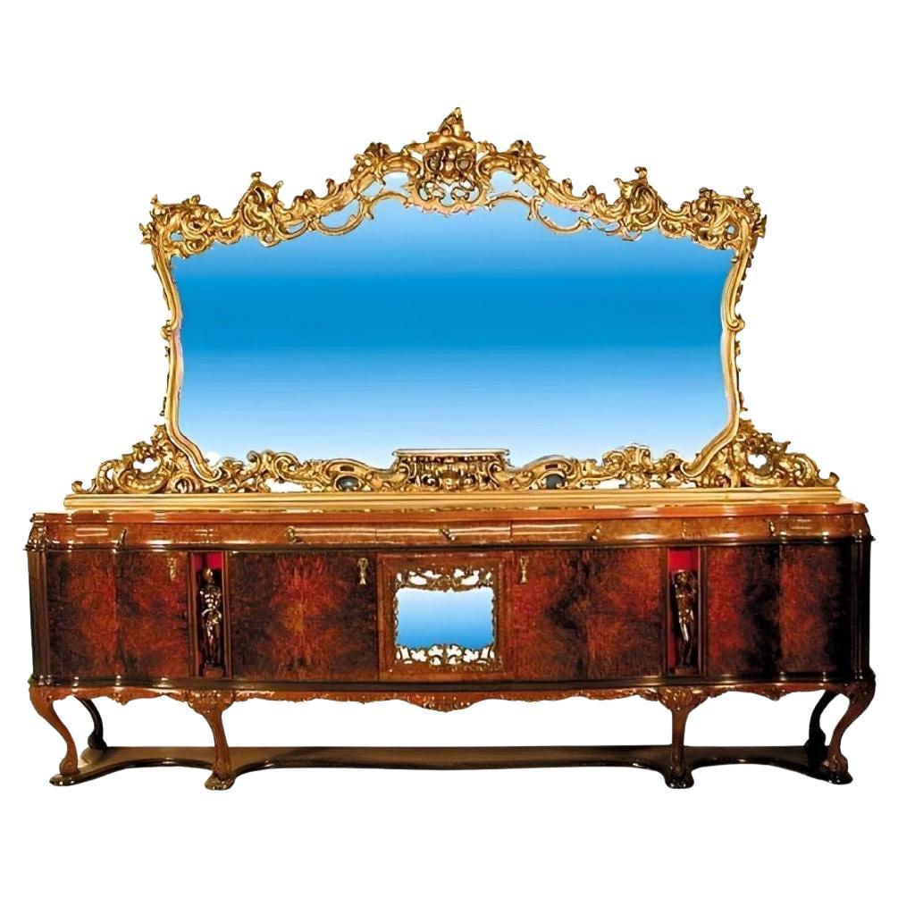 Rococo Sideboard with Gilded Mirror and Carved Figures. Italy, 1920's. For Sale