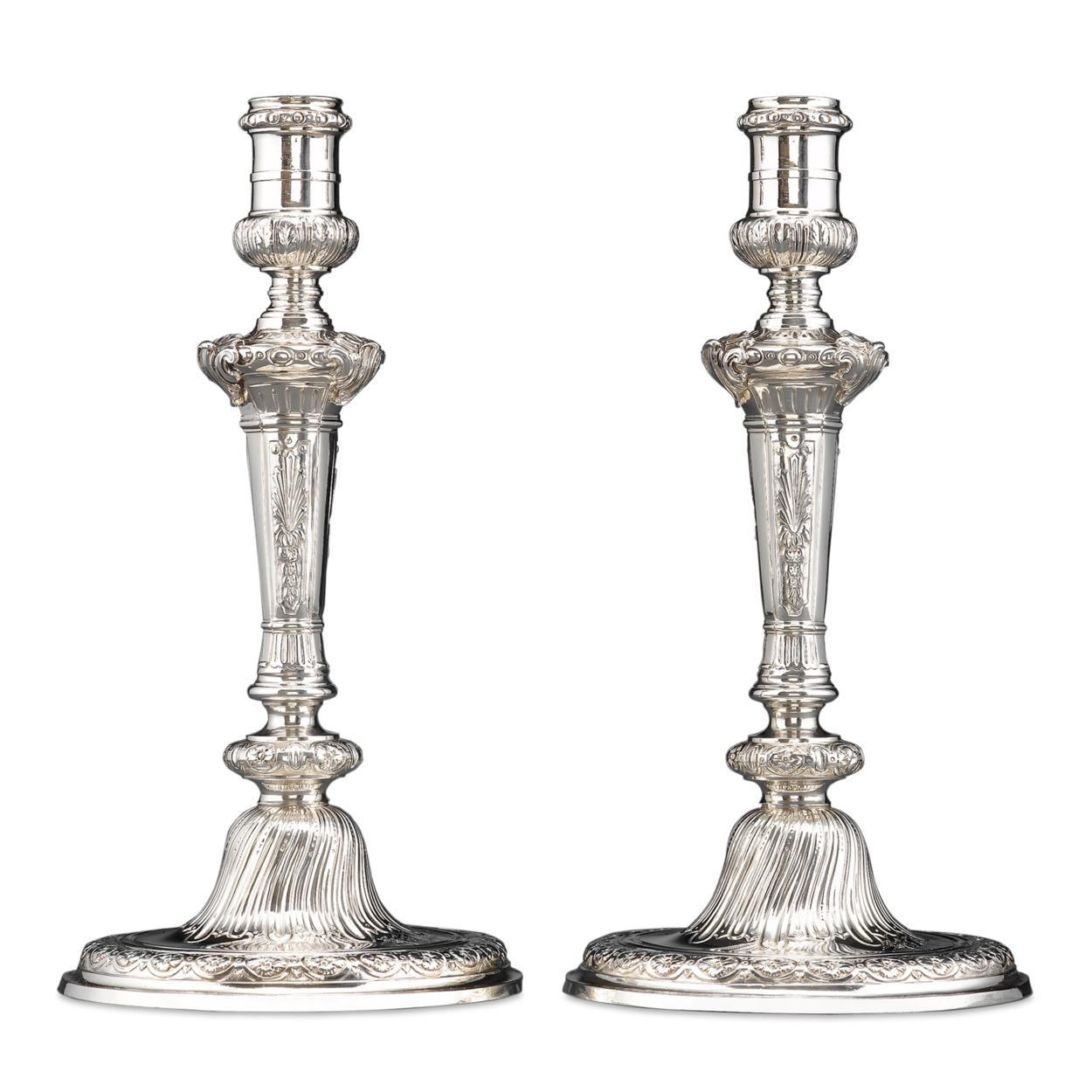 English Rococo Silver Candlesticks by Alexander Johnson For Sale