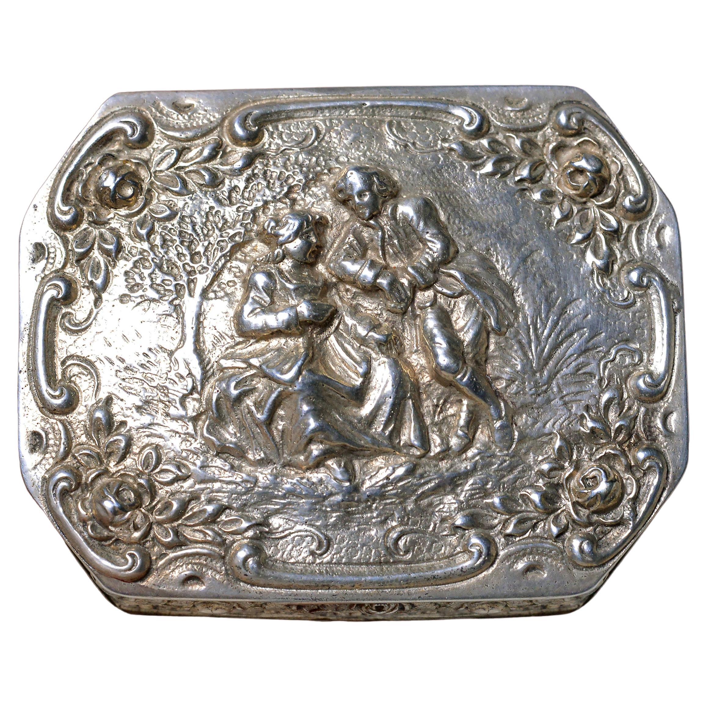 Rococo silver trinket box Lovers in park Late 18th century 800 Hallmark For Sale