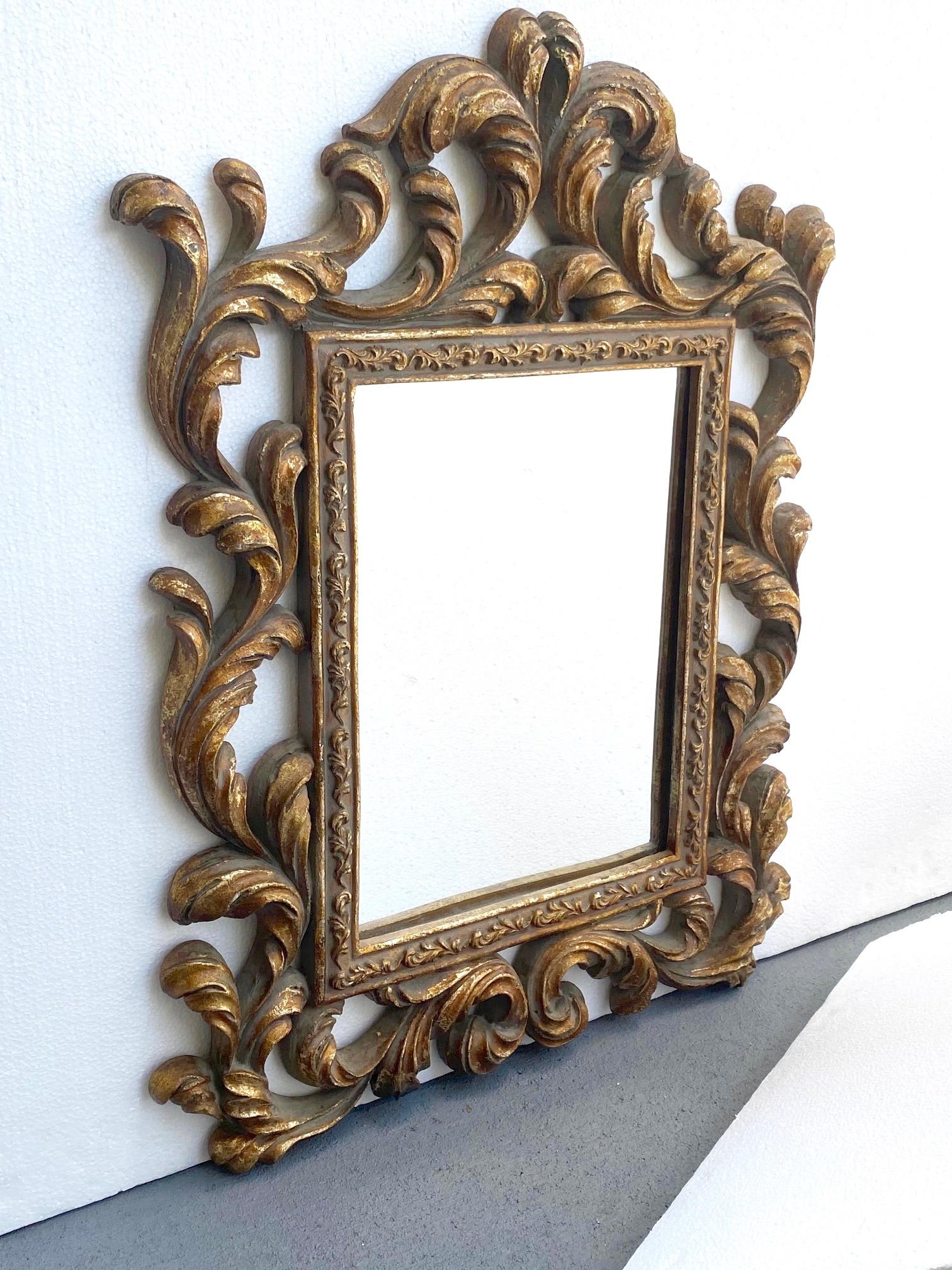 Hand-Carved Rococo Small Ornamental Mirror with Carved Giltwood Frame, Italy, circa 1940s