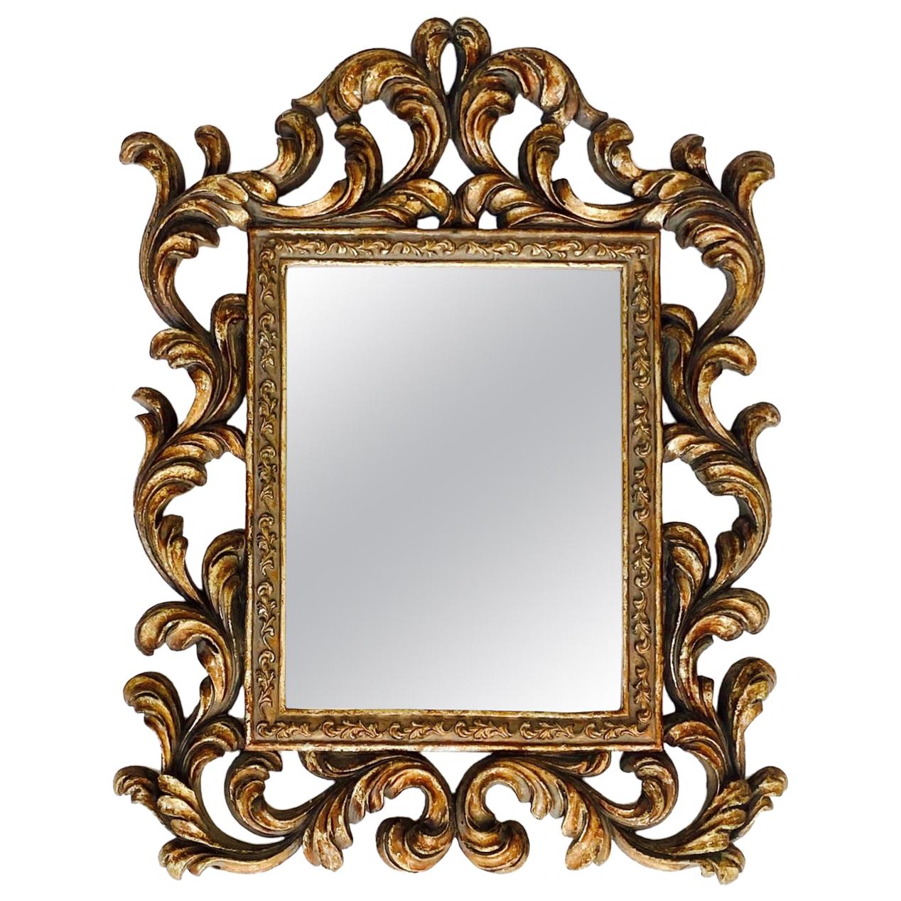 Rococo Small Ornamental Mirror with Carved Giltwood Frame, Italy, circa 1940s