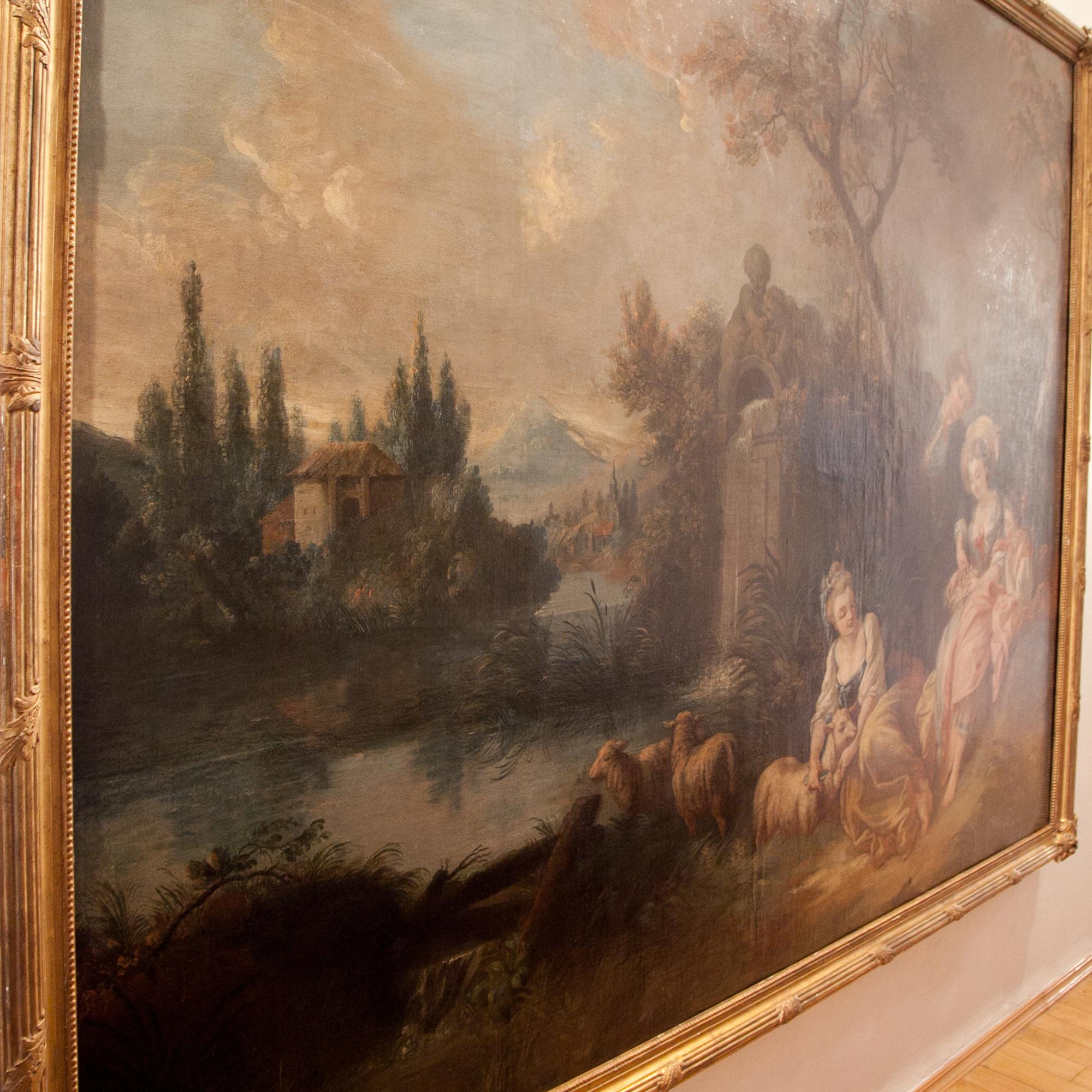 French Rococo Society at a Pond, France, Late 18th Century For Sale