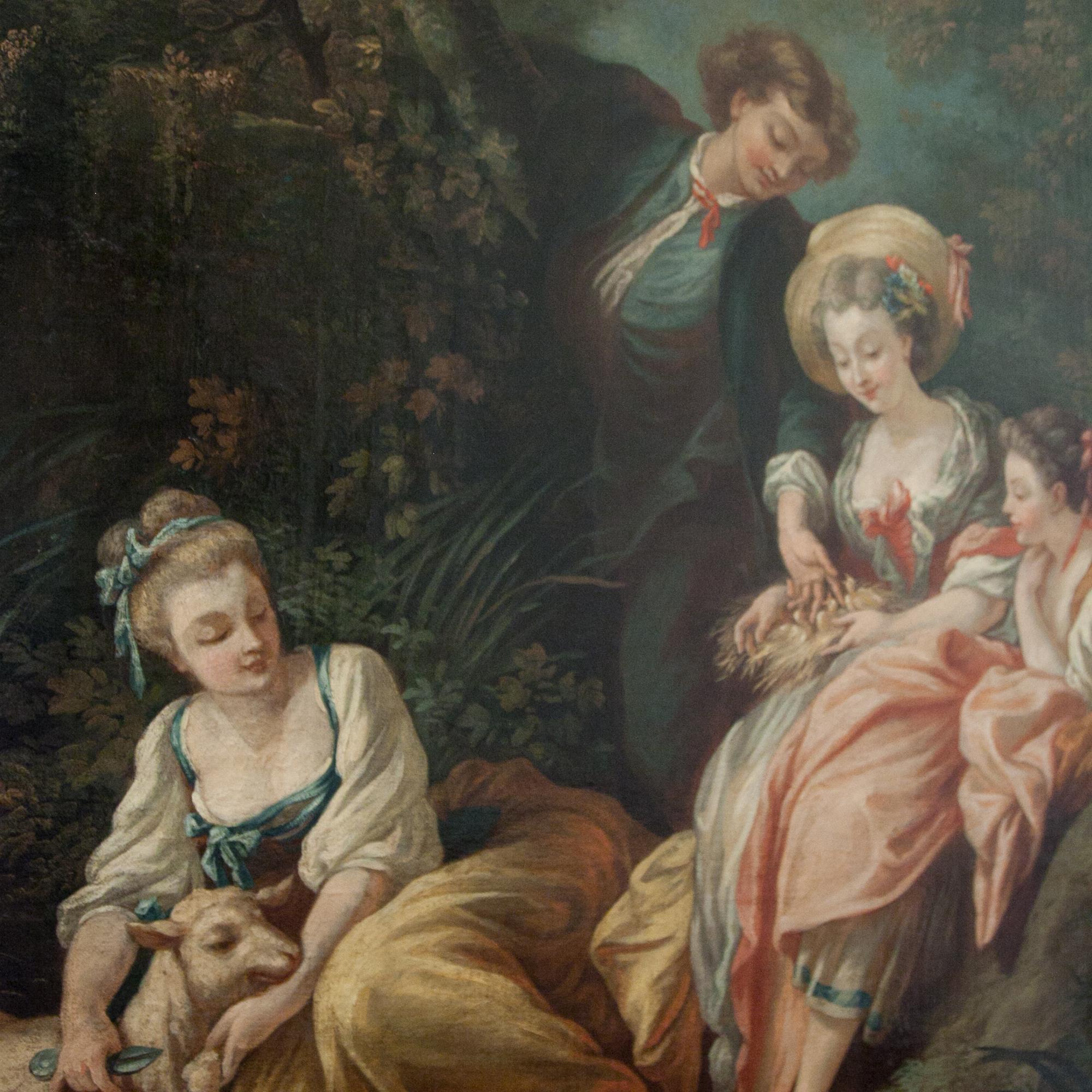 Canvas Rococo Society at a Pond, France, Late 18th Century For Sale