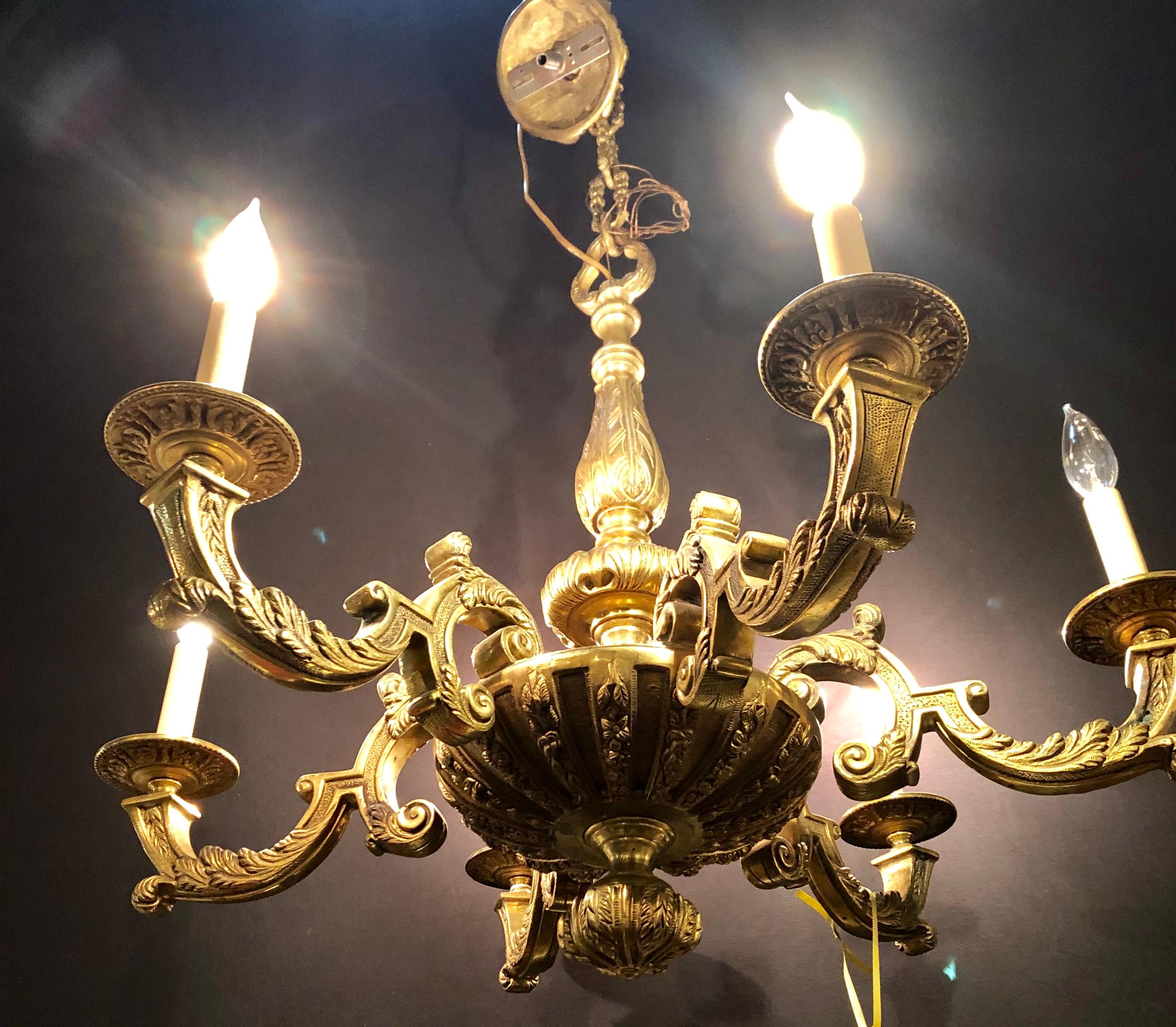 Rococo solid bronze six-light chandelier.