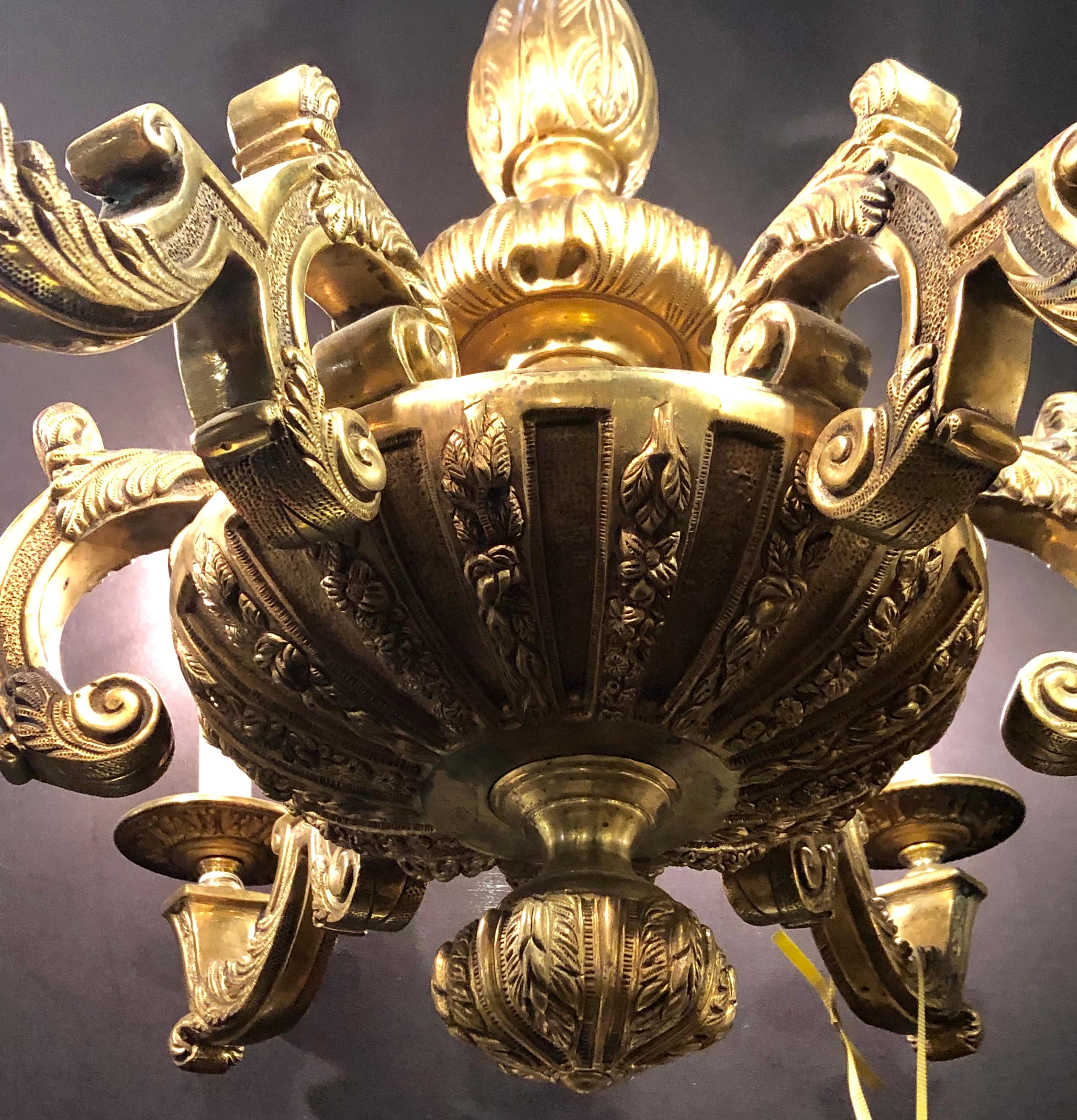 20th Century Rococo Solid Bronze Six-Light Chandelier