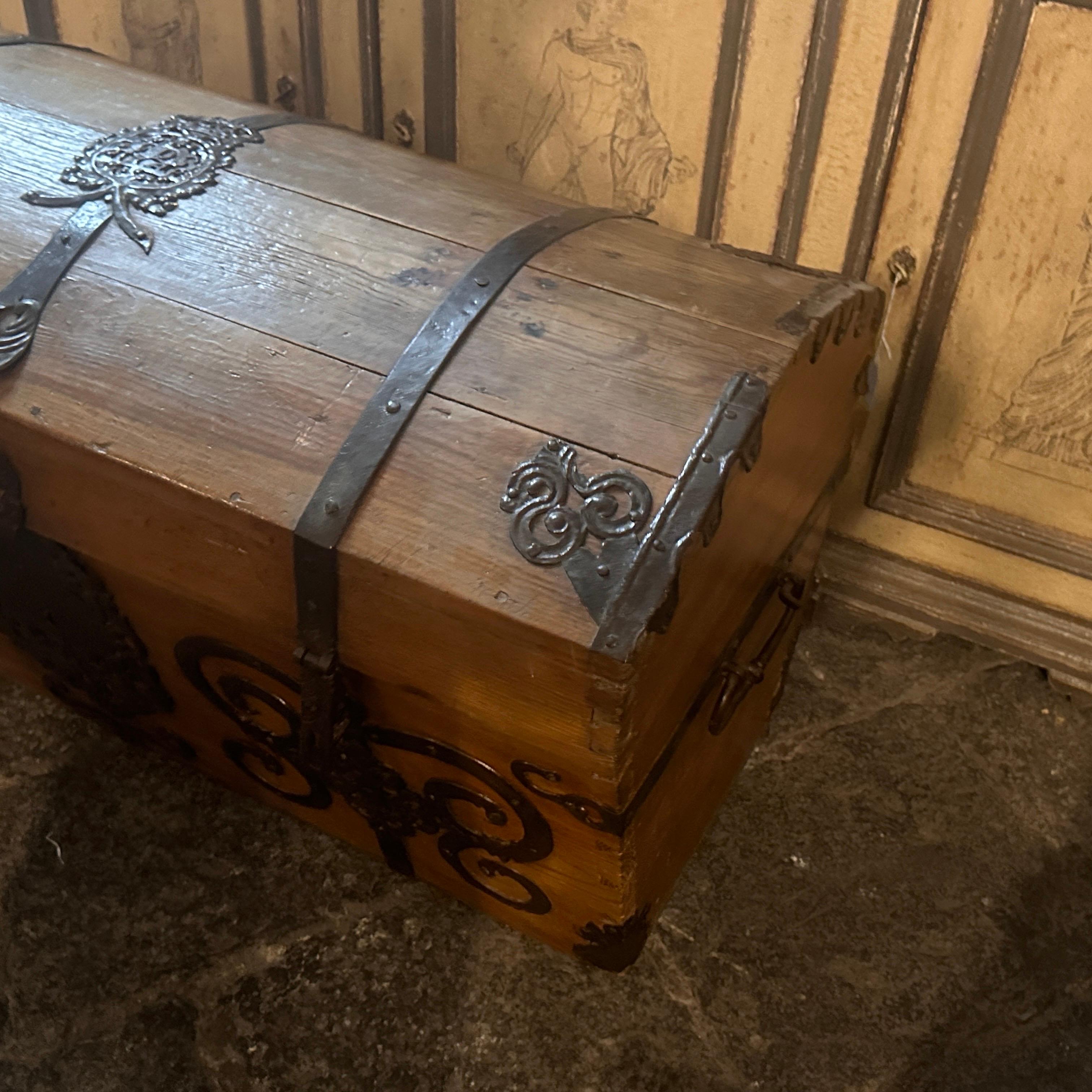 Rococo Spanish Fir and Iron Noble Carriage Trunk Dated 1742 For Sale 6