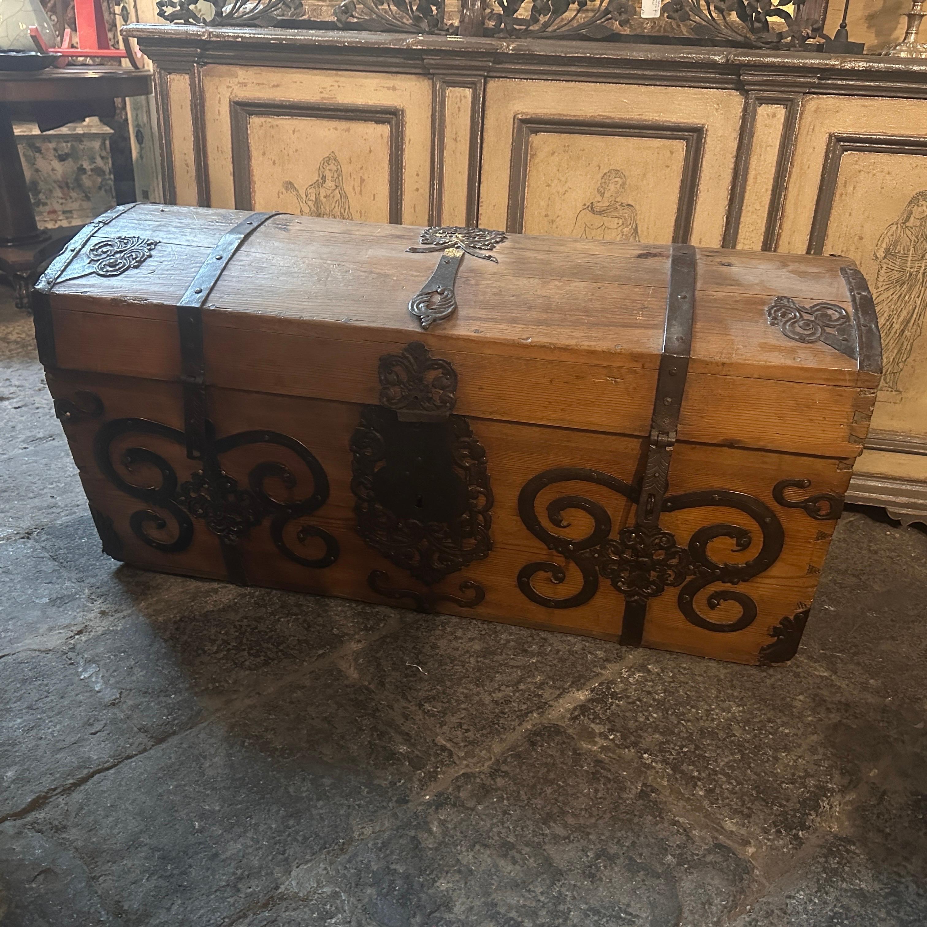 Hand-Crafted Rococo Spanish Fir and Iron Noble Carriage Trunk Dated 1742 For Sale