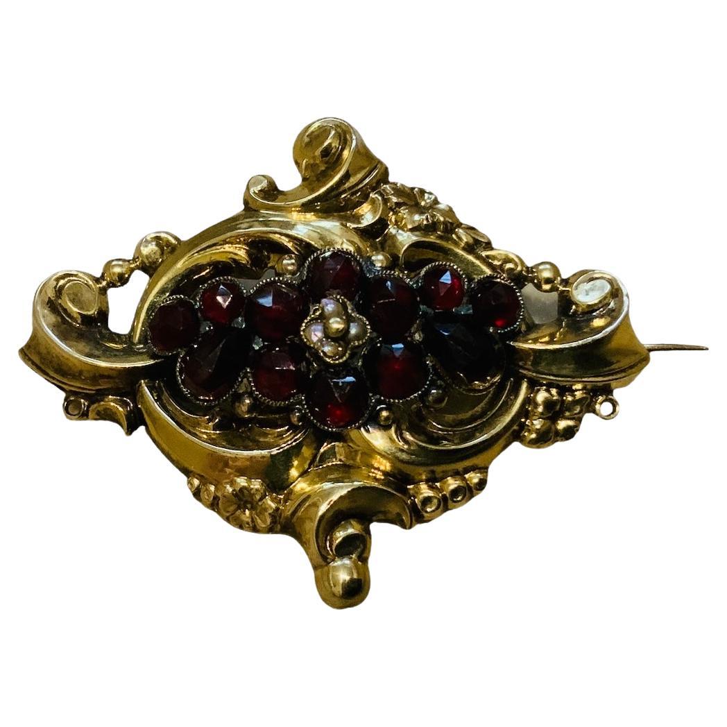 Rococo Style 14K Yellow Gold Garnet And Pearl  For Sale