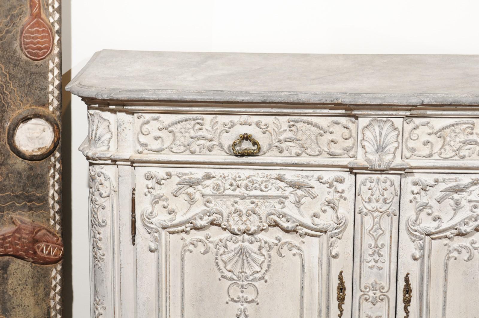 Rococo Style 1850s Belgian Painted Buffet with Drawers, Doors and Carved Décor In Good Condition In Atlanta, GA