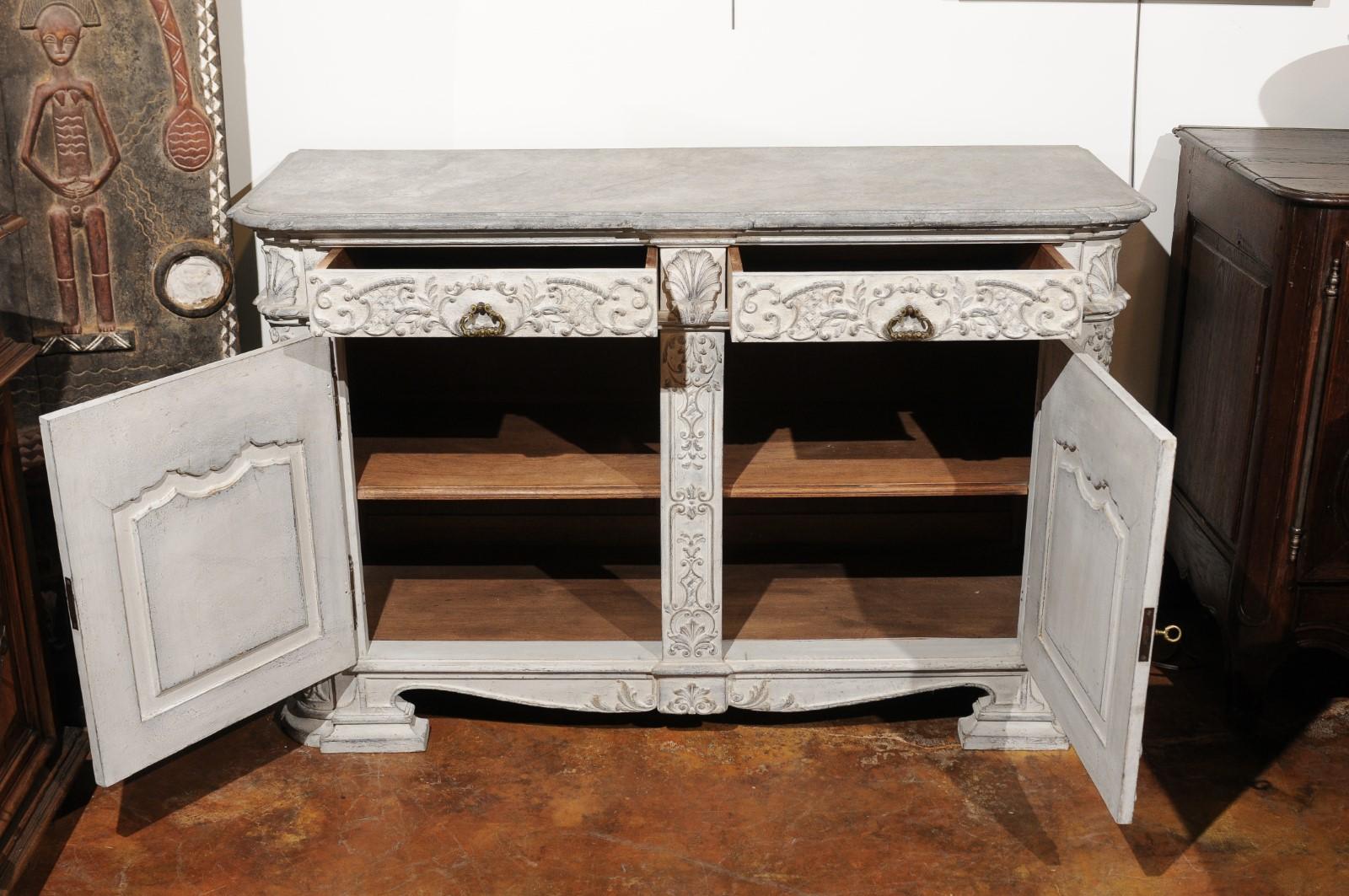 19th Century Rococo Style 1850s Belgian Painted Buffet with Drawers, Doors and Carved Décor