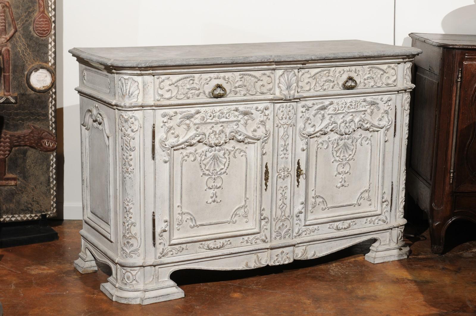 Rococo Style 1850s Belgian Painted Buffet with Drawers, Doors and Carved Décor 1