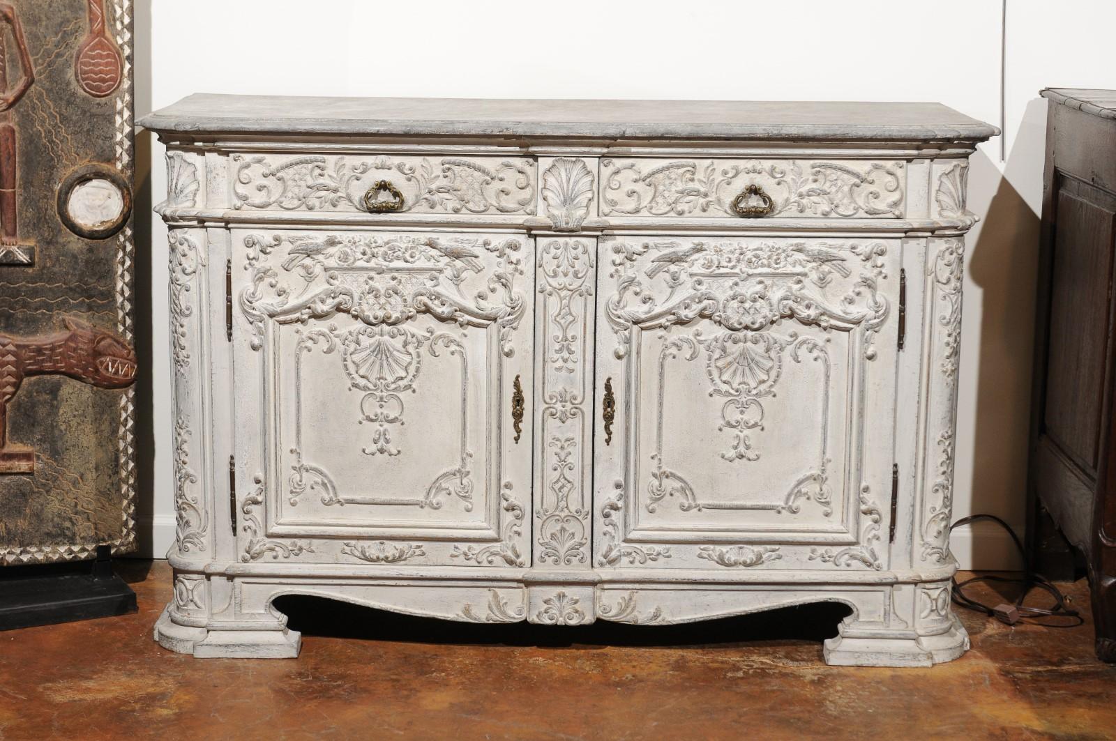 Rococo Style 1850s Belgian Painted Buffet with Drawers, Doors and Carved Décor 4
