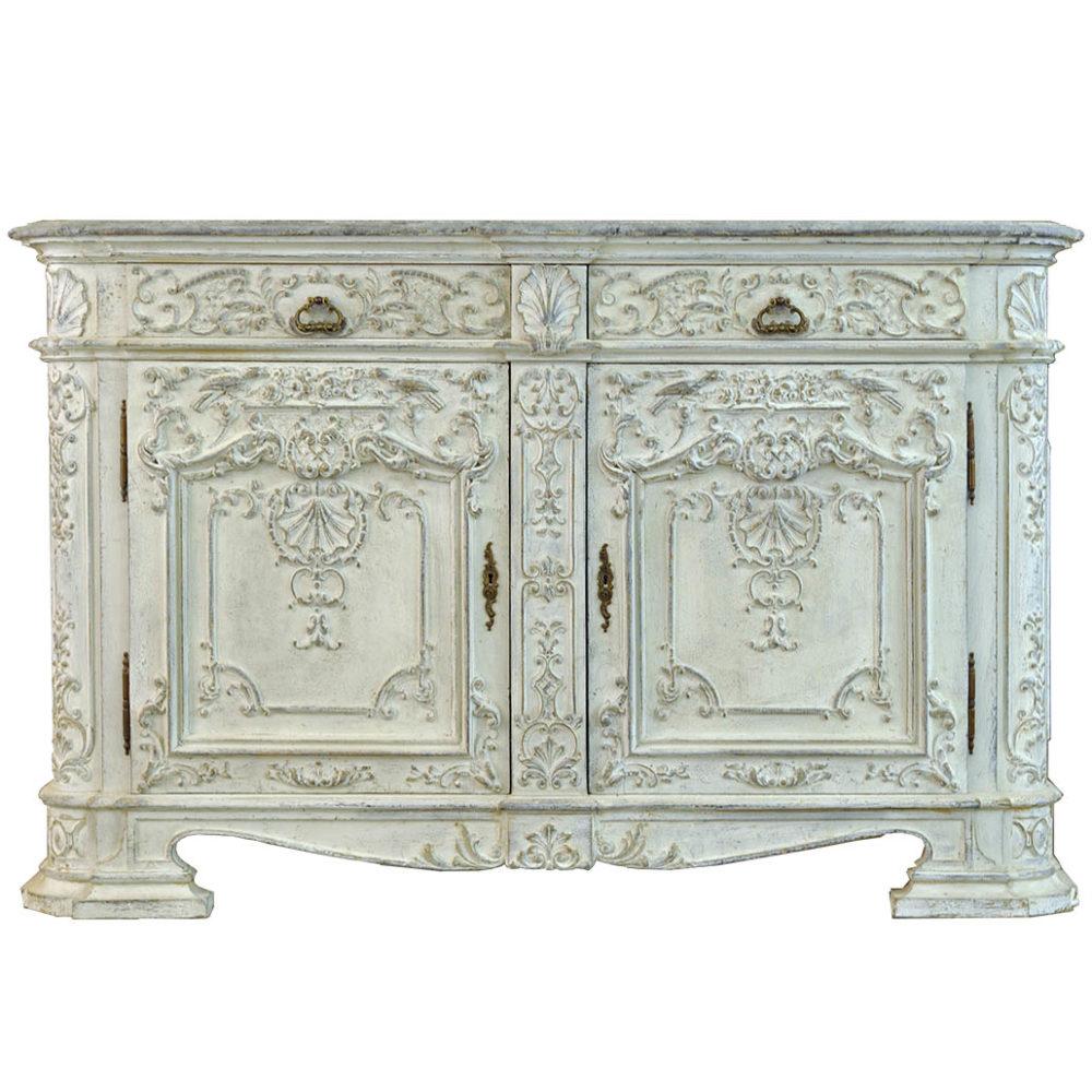 Rococo Style 1850s Belgian Painted Buffet with Drawers, Doors and Carved Décor