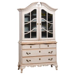 Used Rococo Style 1850s Swedish Light Grey Painted Bonnet Top Vitrine Cabinet 