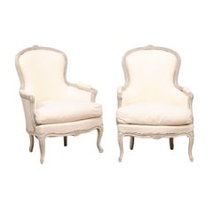 Rococo Style 1890s Swedish Light Grey Painted and Carved Bergères Chairs, a Pair