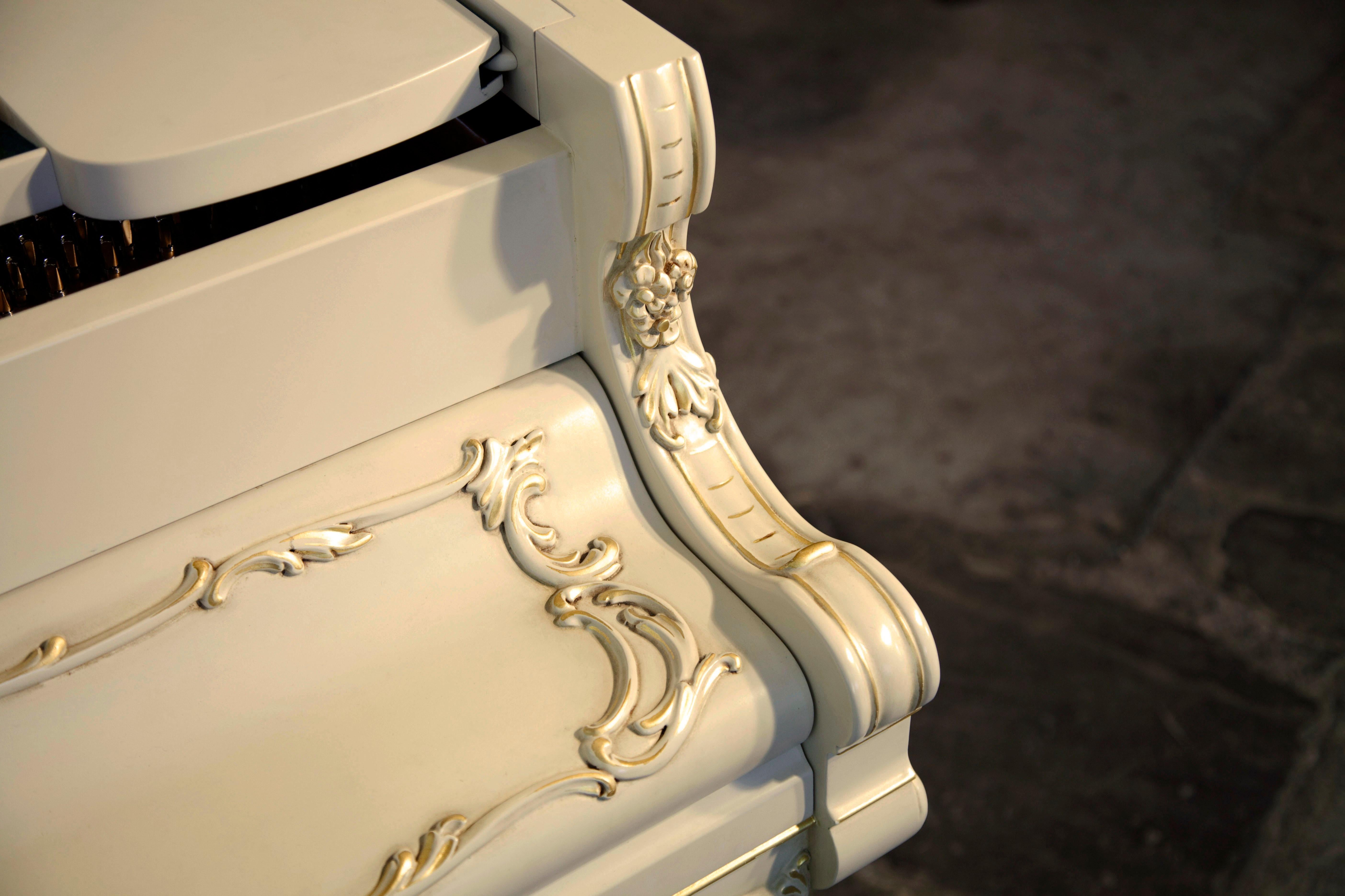 20th Century Louis XV 1979 Steinway Model O Piano Matt Cream Cabriole Legs Gilt Accents