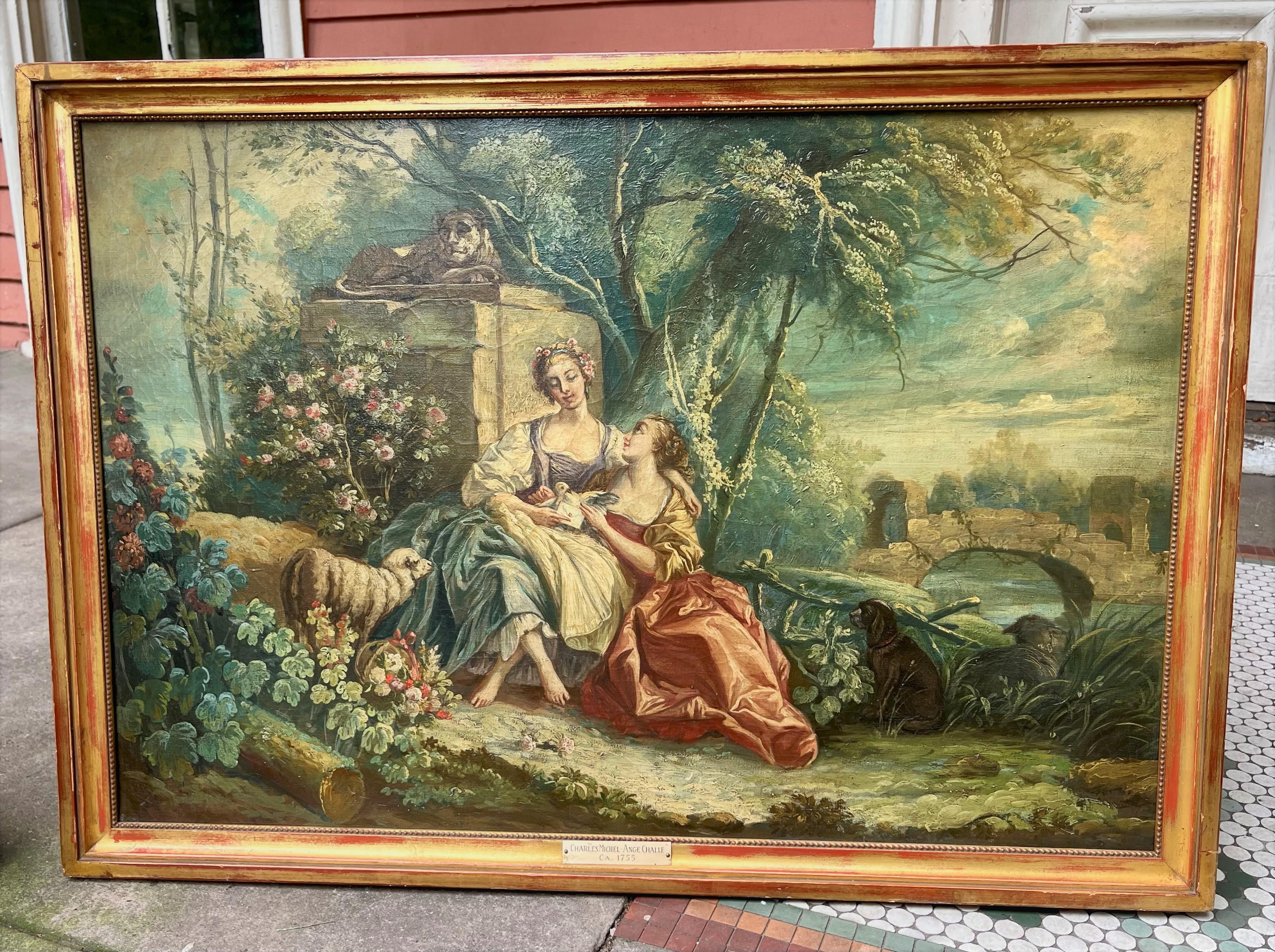 Late 19th or very early 20th century, beautifully worn frame. French School
Old art gallery sticker on back, probably early 20th century sticker,
from J.J. Gillespie, America's oldest fine arts gallery, established in 1832.
Craquelure throughout.