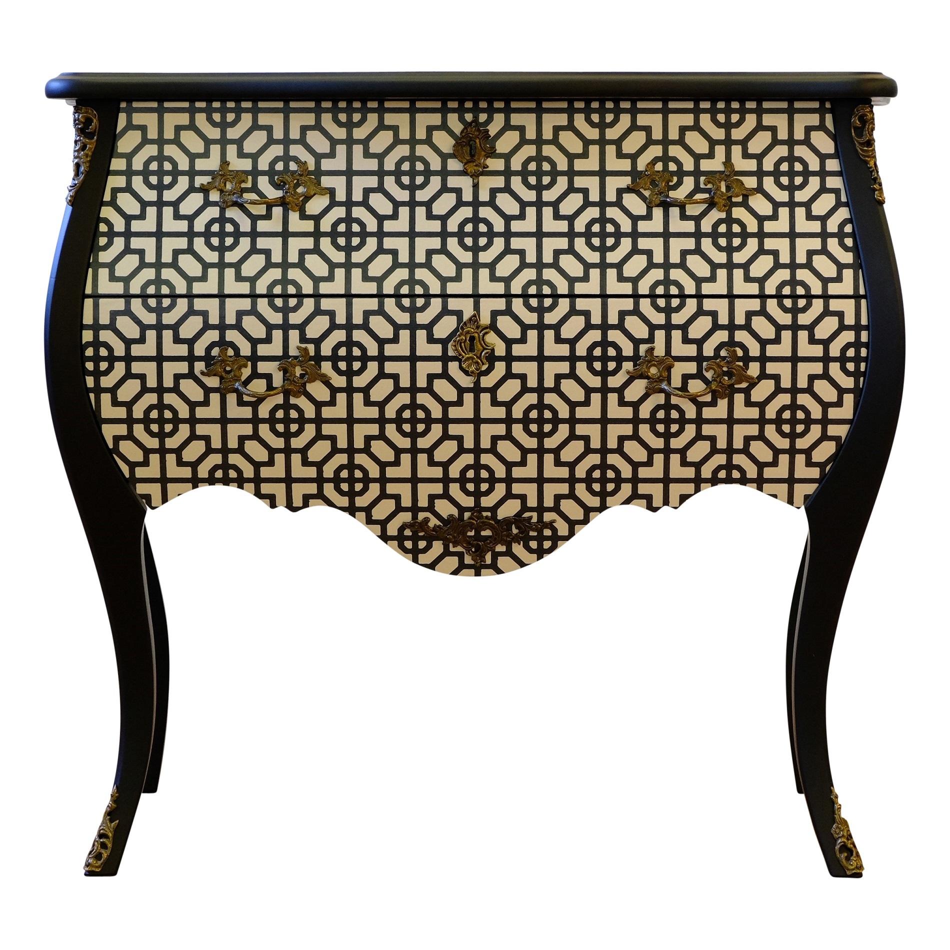 Antique Rococo bureau with marble top and legs in matte black. Front and side in an Art Deco black and white graphic pattern. Fine original fittings in solid brass. 
Measures: Width: 78cm / 30.7