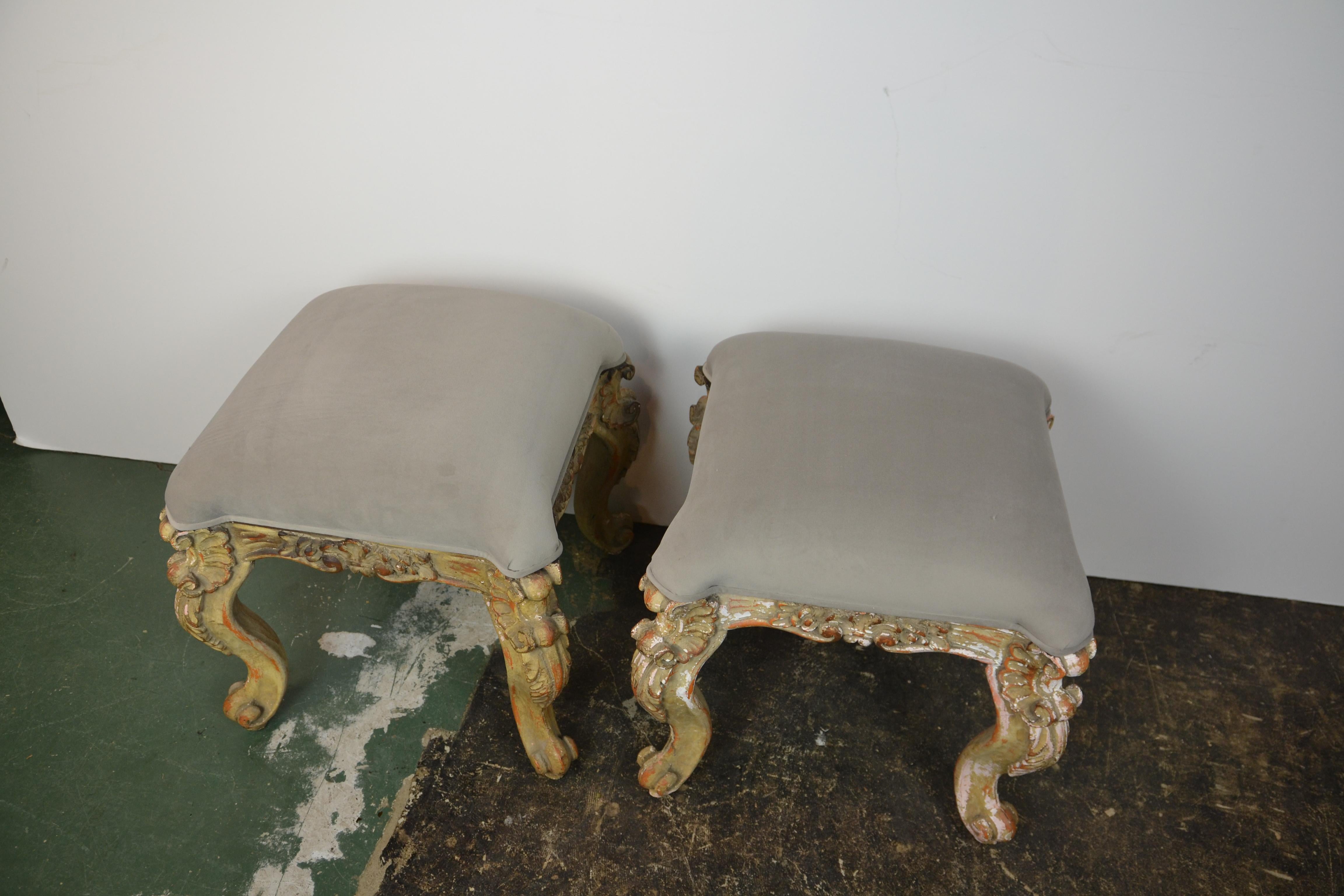 Pair of Rococo style bench. Upholstered in gray velvet.