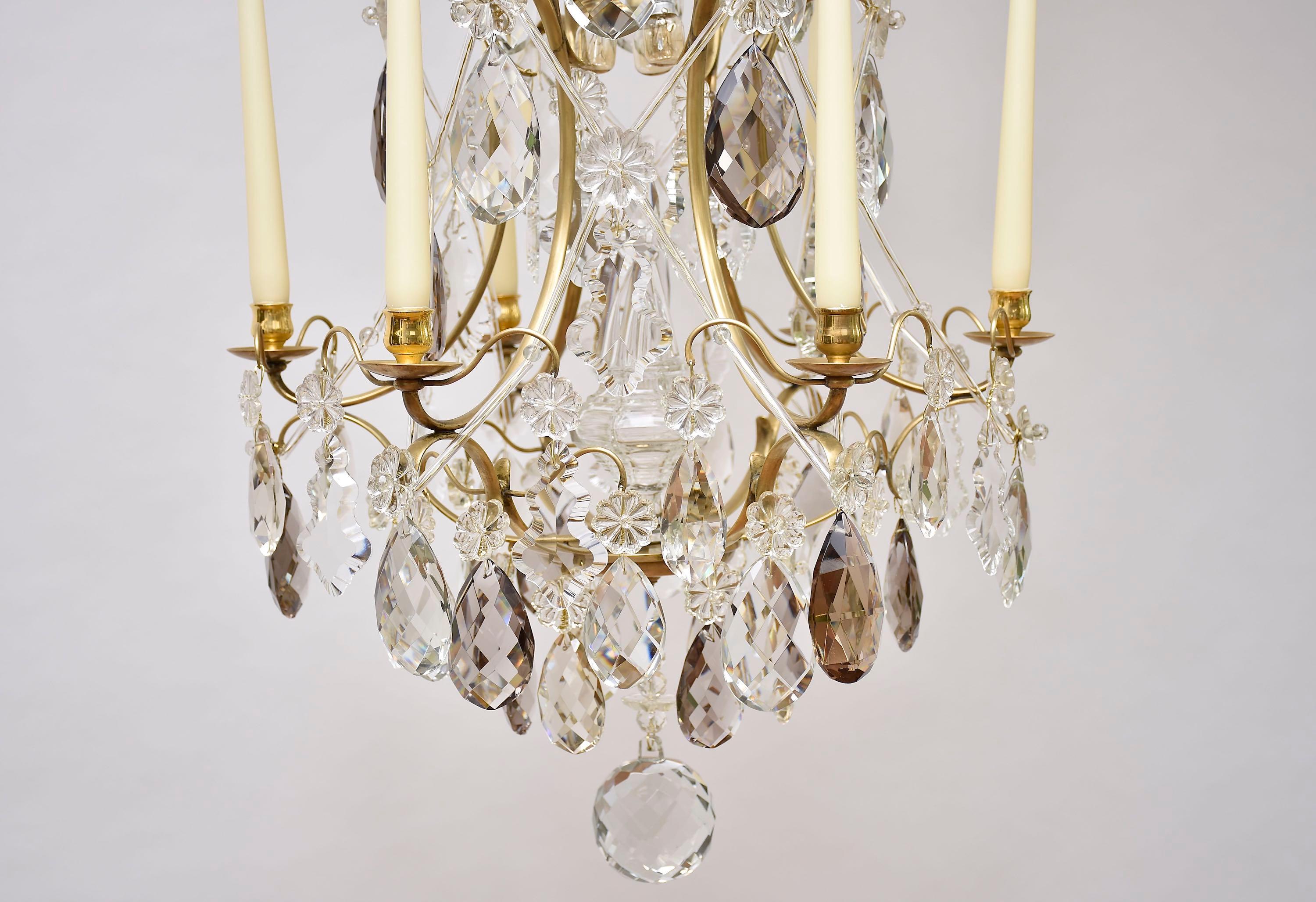 Swedish Rococo style brass and crystal chandelier For Sale