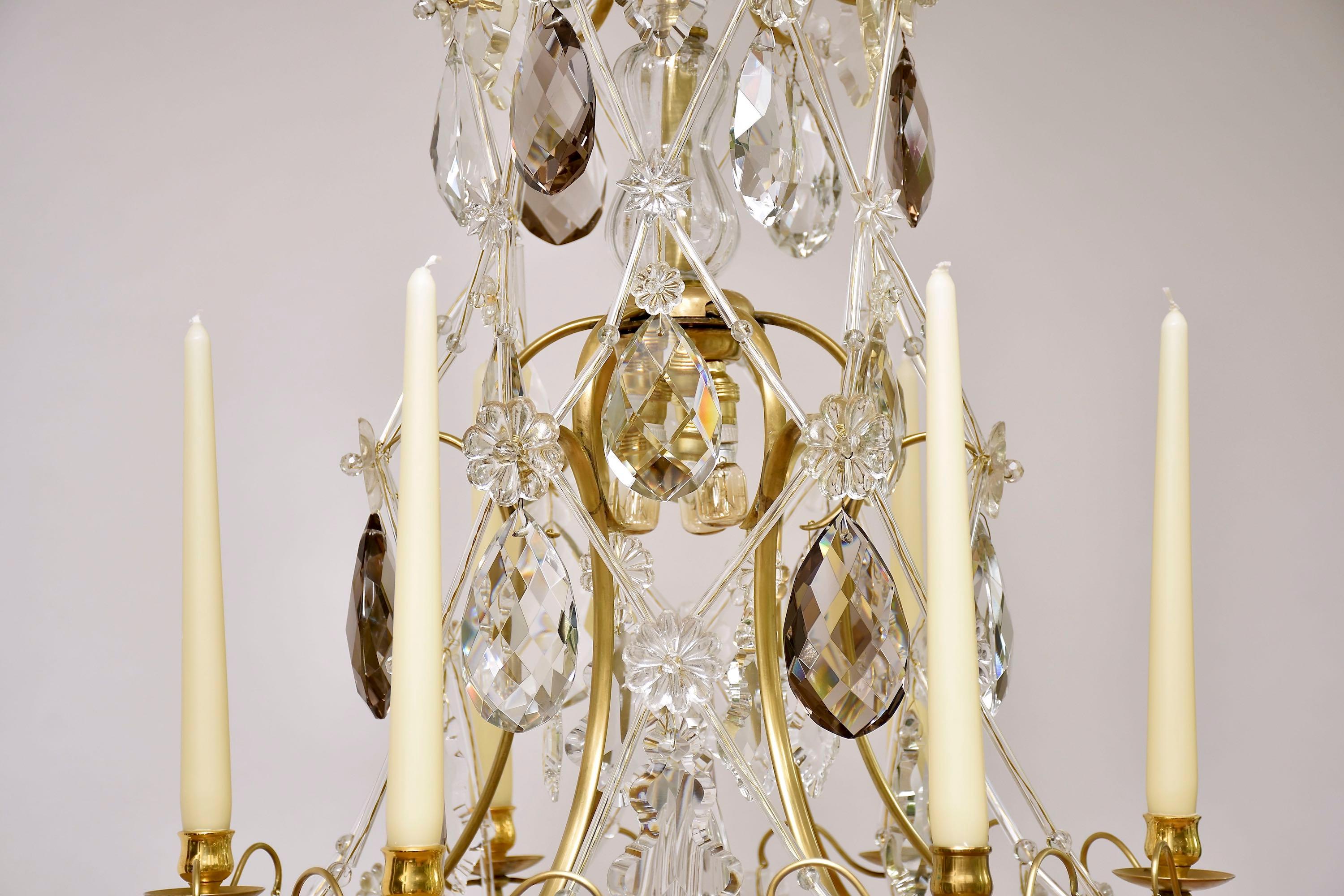 20th Century Rococo style brass and crystal chandelier For Sale