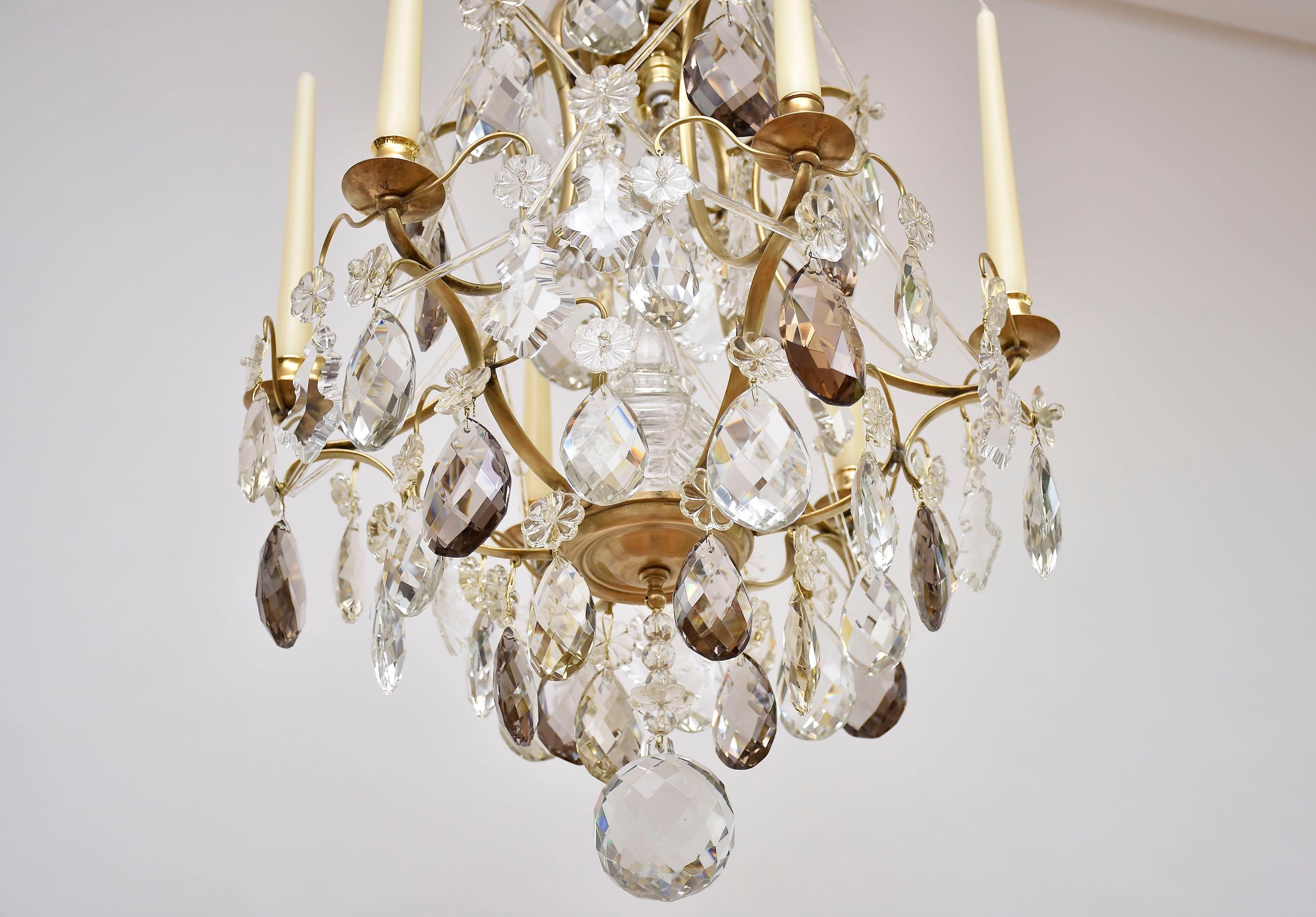 Brass Rococo style brass and crystal chandelier For Sale