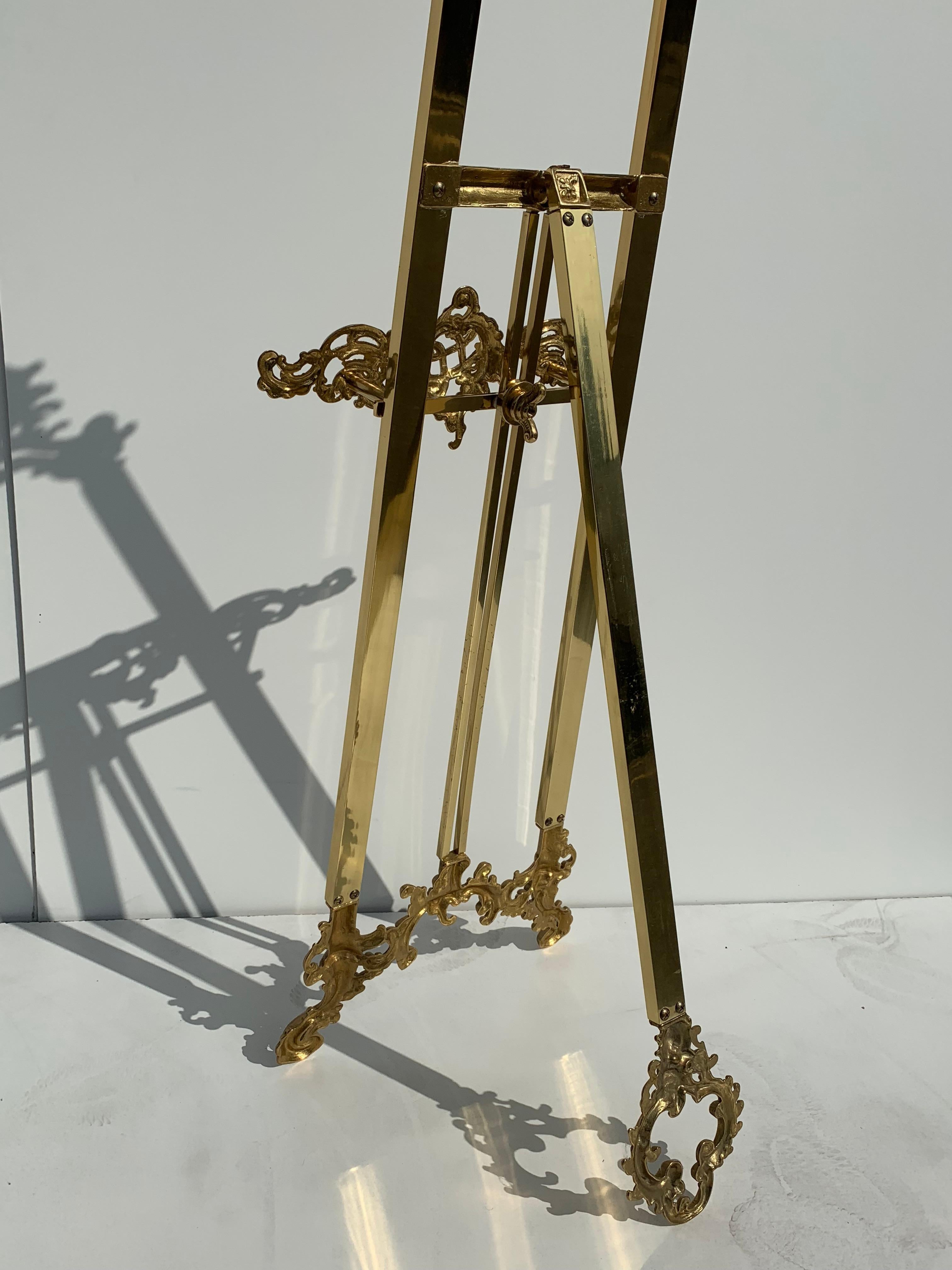Polished Small Rococo Style Brass Floor Easel For Sale