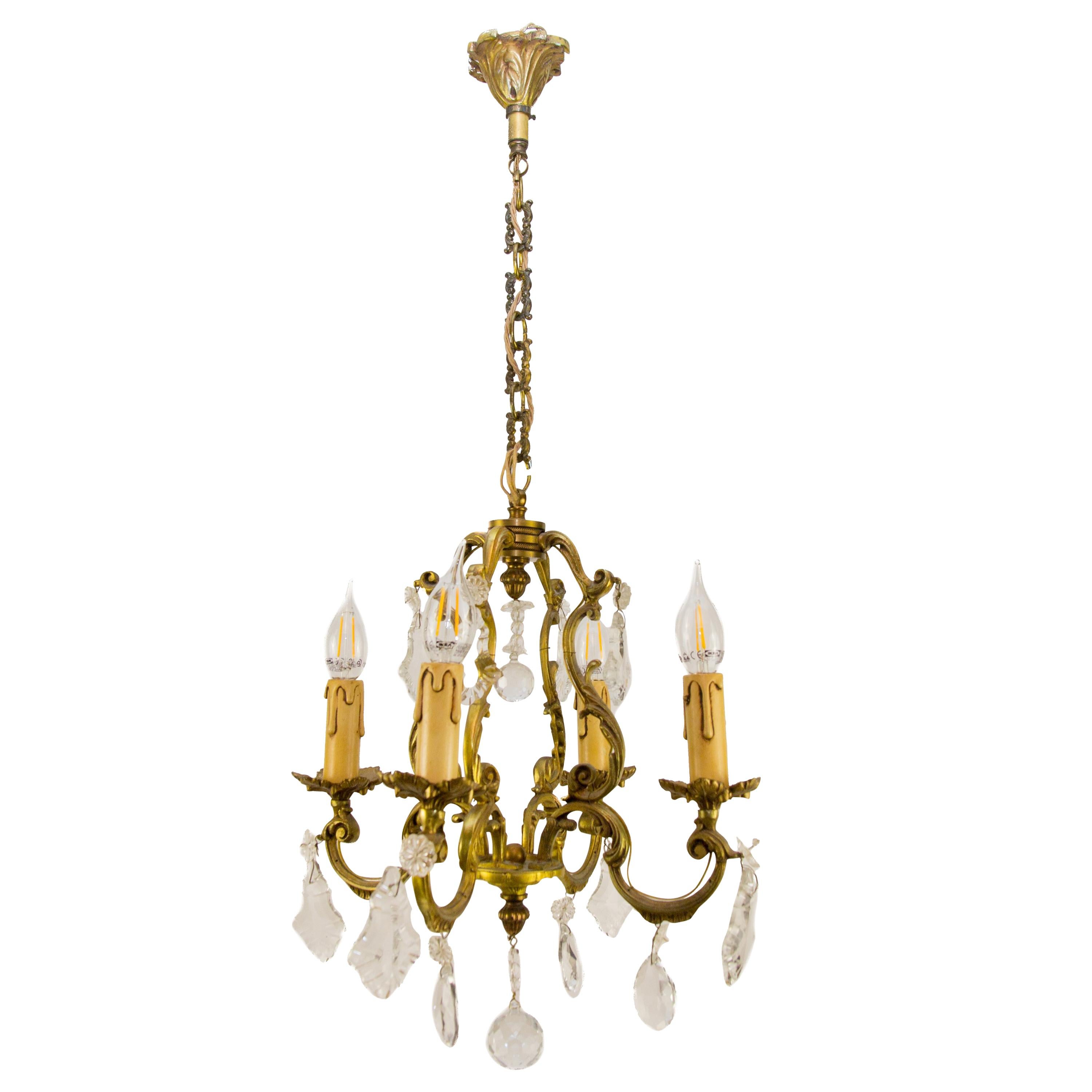 Rococo Style Bronze and Crystal Glass Four-Light Chandelier, 1950s