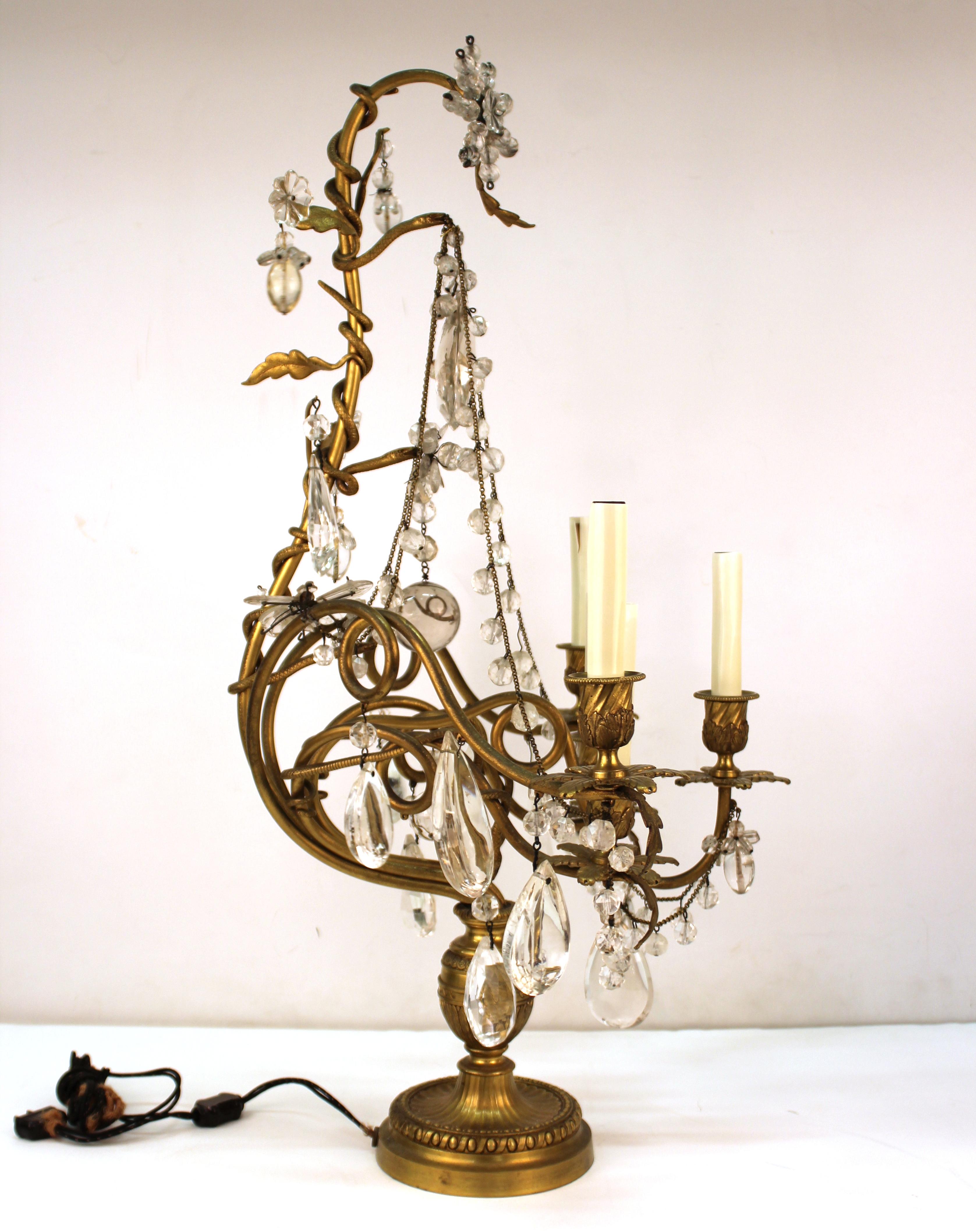 European Rococo Style Bronze Girandole Table Lamps with Snakes and Crystals
