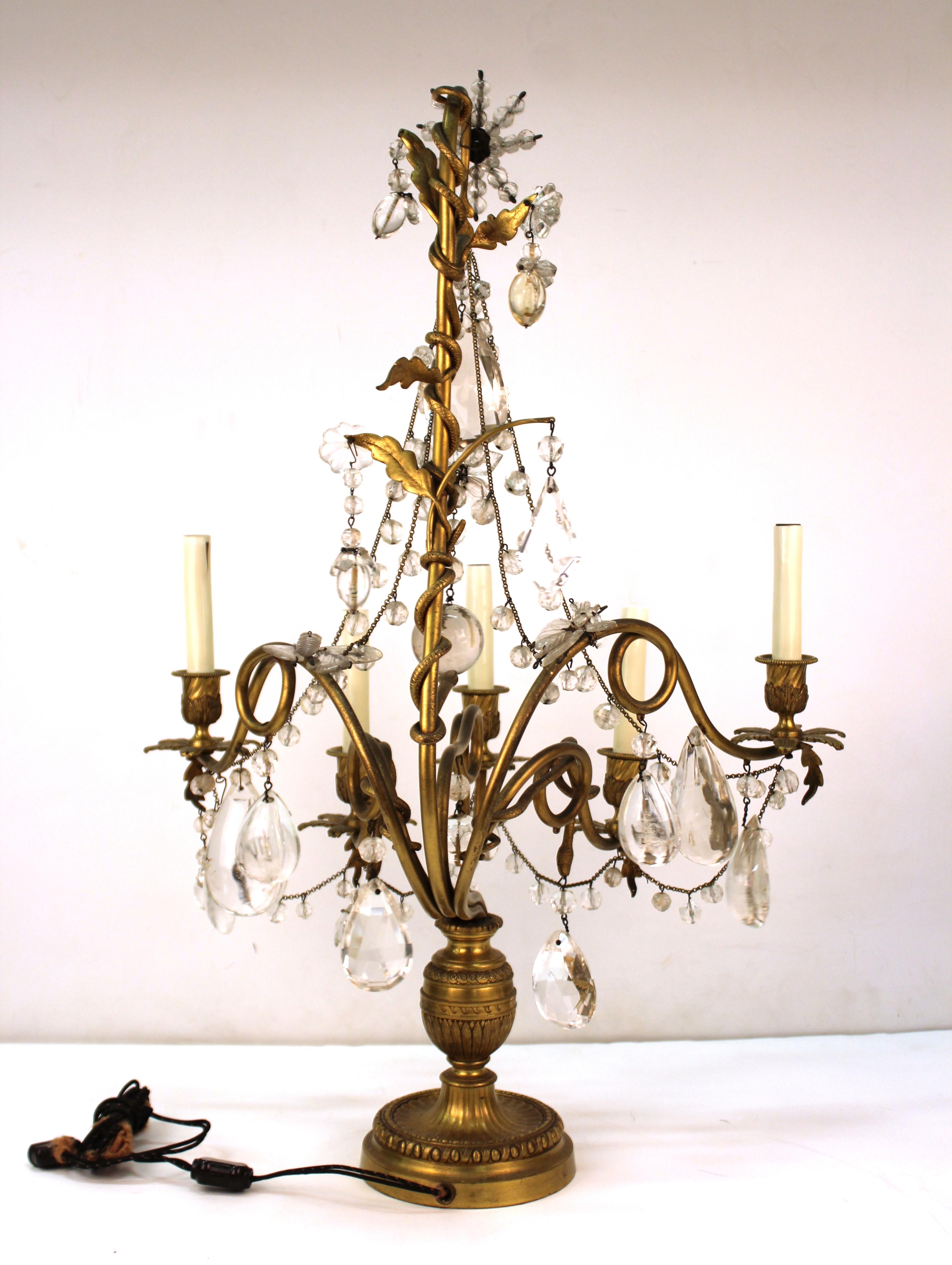 Rococo Style Bronze Girandole Table Lamps with Snakes and Crystals In Good Condition In New York, NY