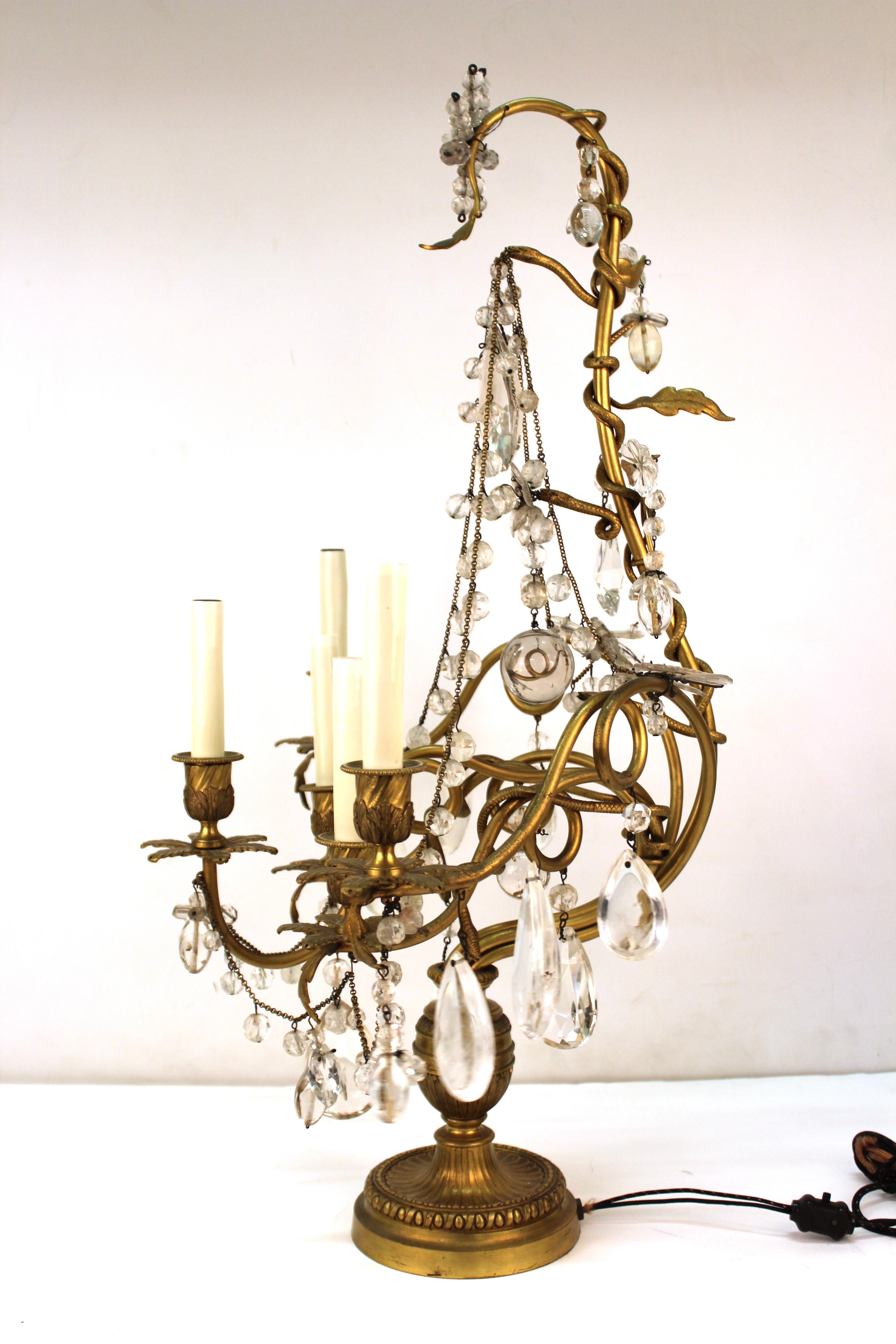 Late 19th Century Rococo Style Bronze Girandole Table Lamps with Snakes and Crystals