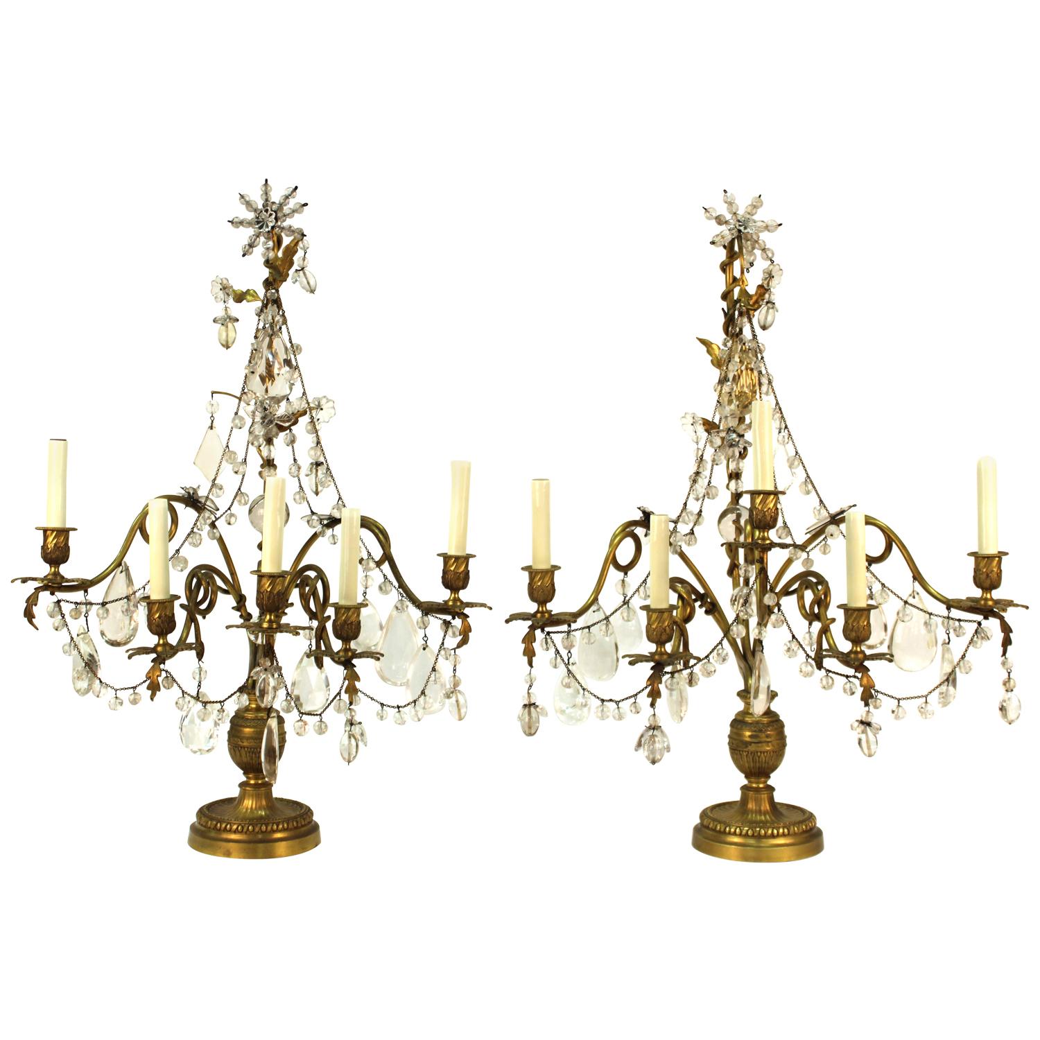 Rococo Style Bronze Girandole Table Lamps with Snakes and Crystals