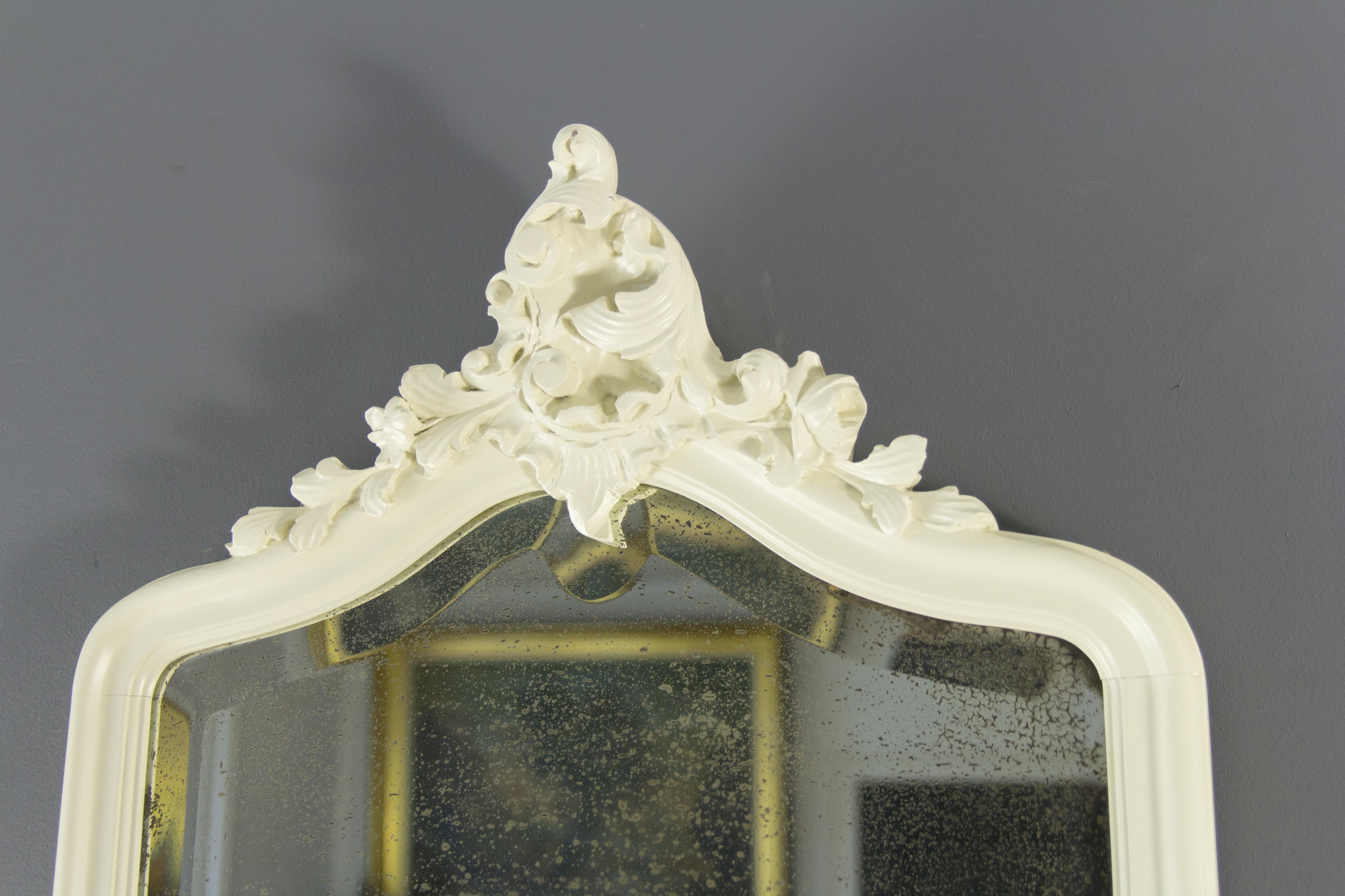 French Rococo Style Carved and White Painted Wall Mirror