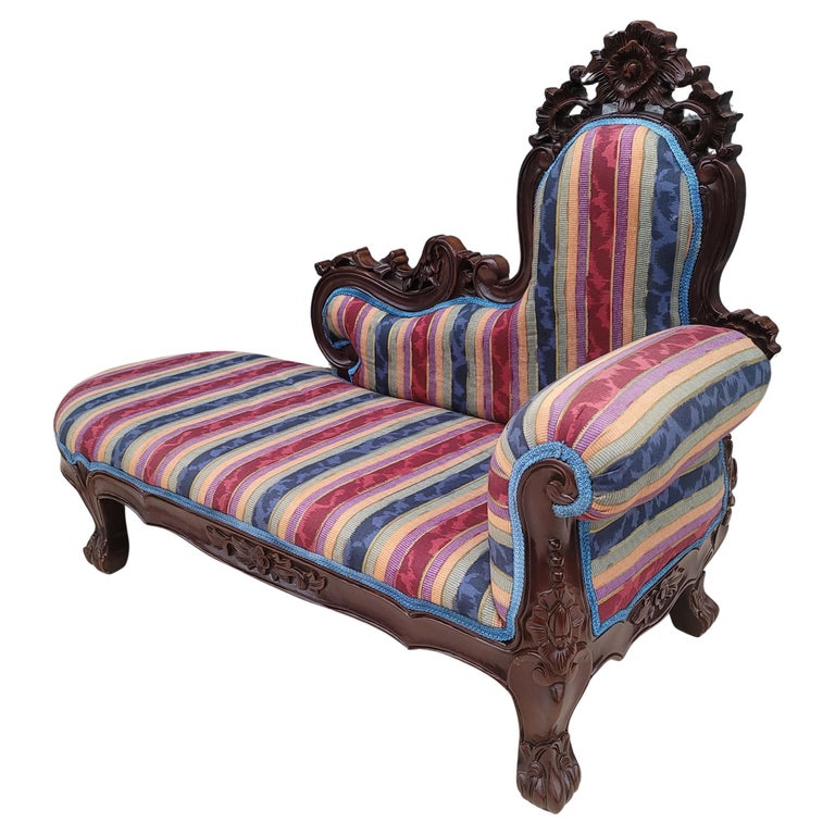 Rococo Style Carved Cherry Upholstered Child Size Chaise Lounge For