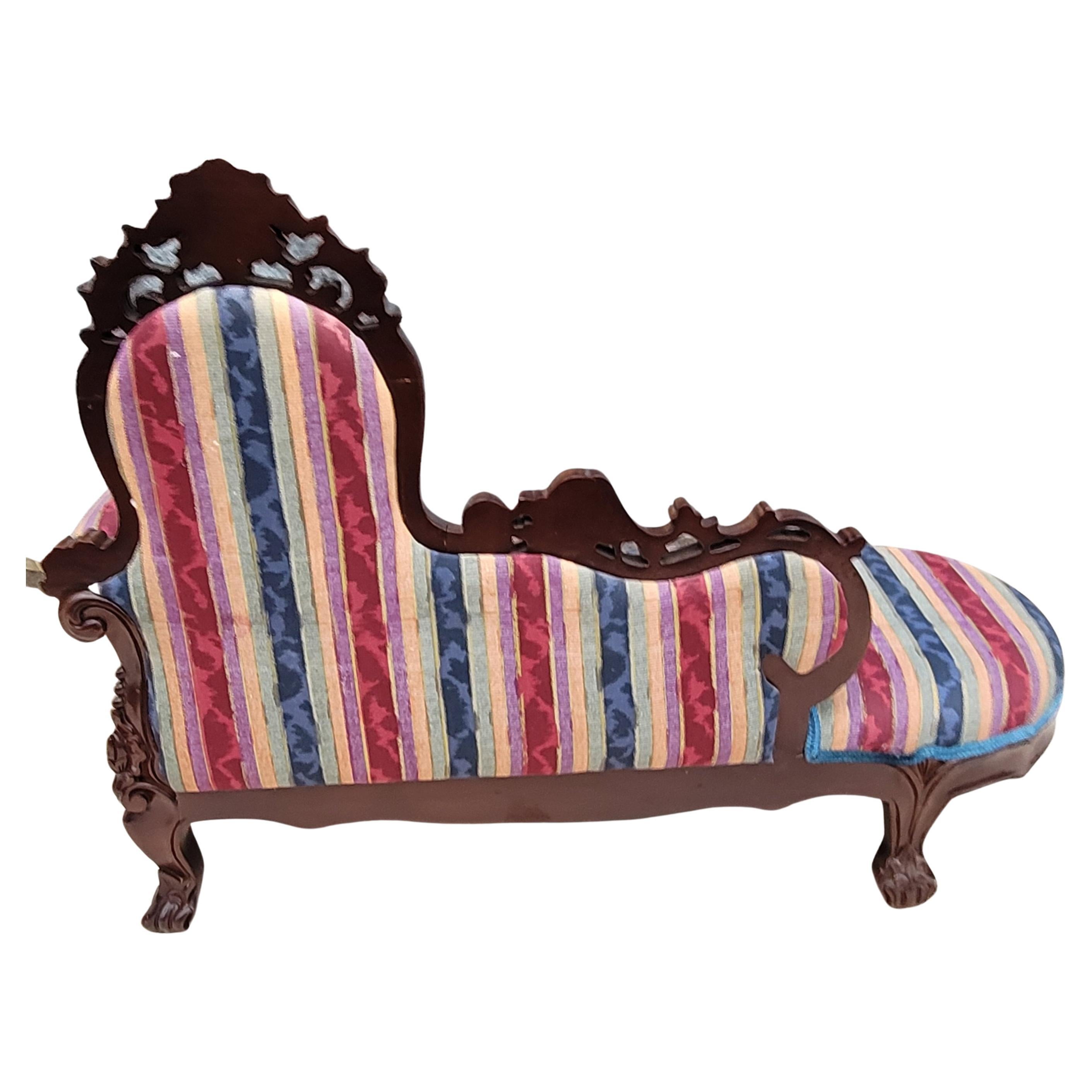 Woodwork Rococo Style Carved Cherry Upholstered Child Size Chaise Lounge For Sale