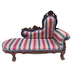 Vintage Rococo Style Carved Cherry Upholstered Child Size Chaise Lounge