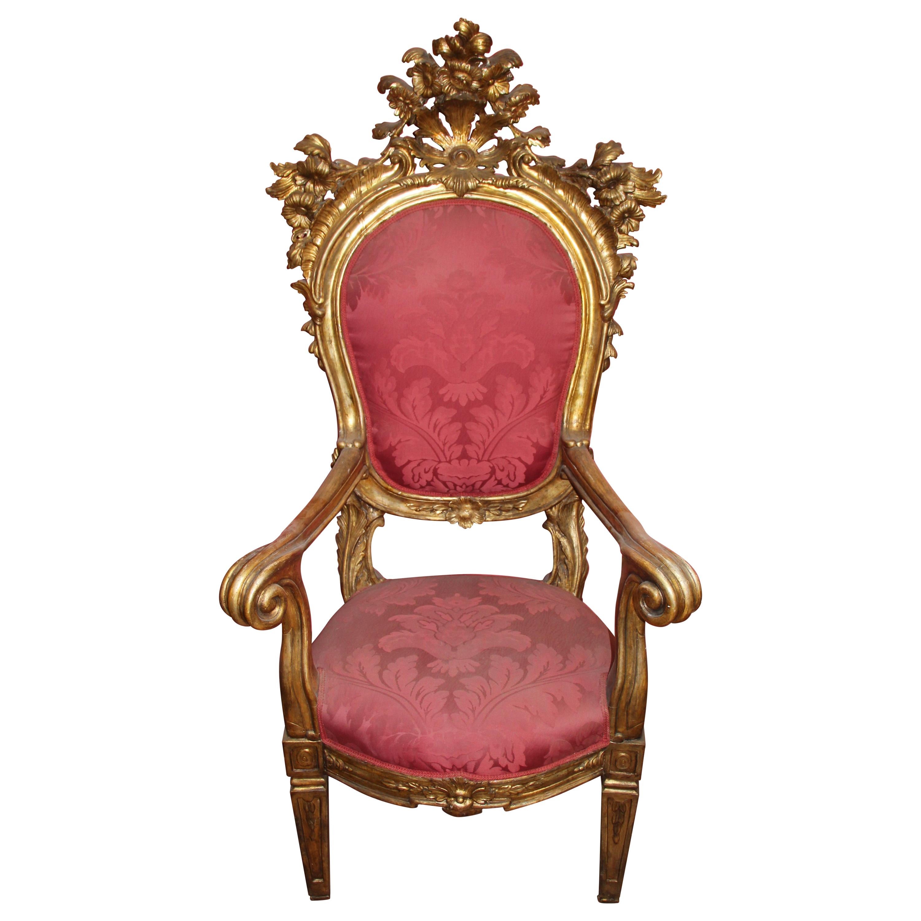 Rococo Style Carved Giltwood Large Throne-Armchair, circa 1820 For Sale