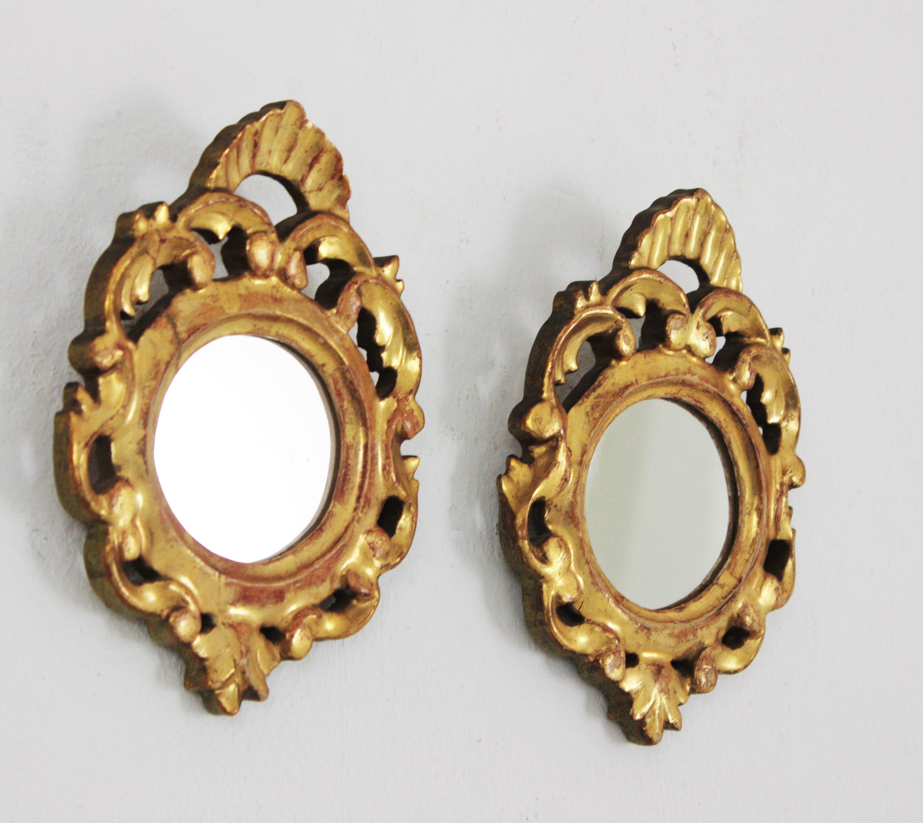 Rococo Style Carved Giltwood Miniature Wall Mirrors, Pair For Sale 2