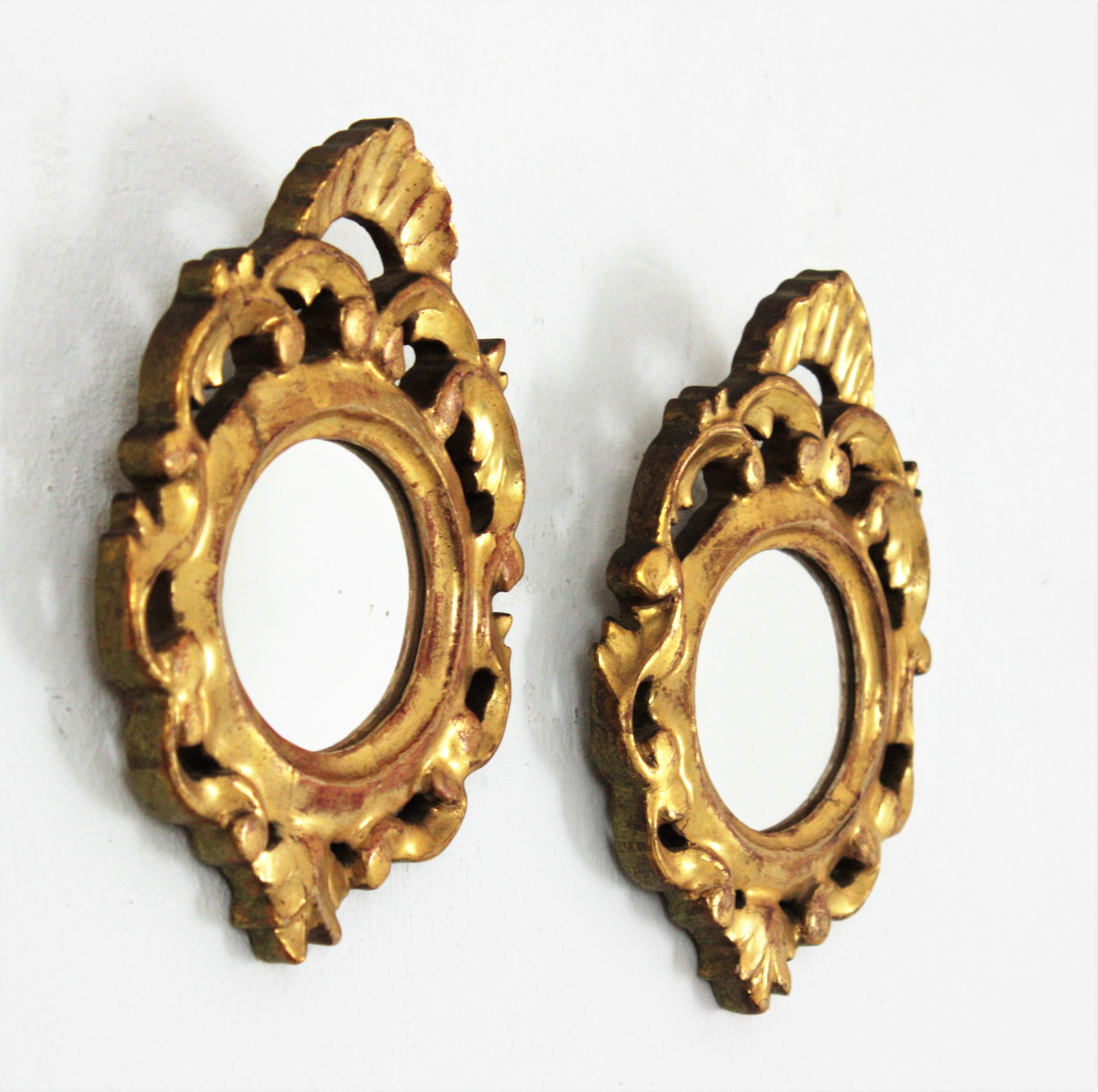 Rococo Style Carved Giltwood Miniature Wall Mirrors, Pair For Sale 3