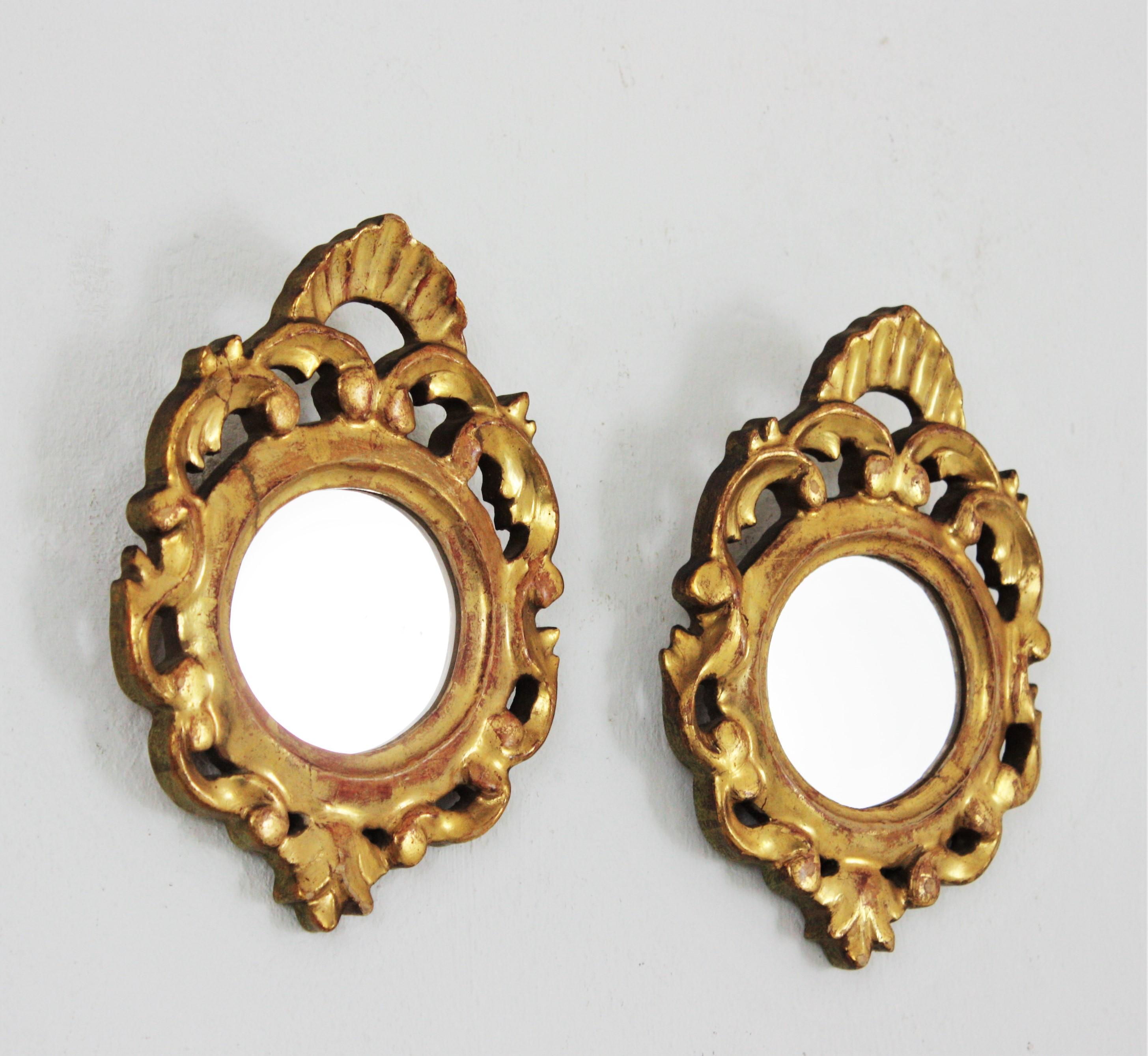 Rococo Style Carved Giltwood Miniature Wall Mirrors, Pair For Sale 4