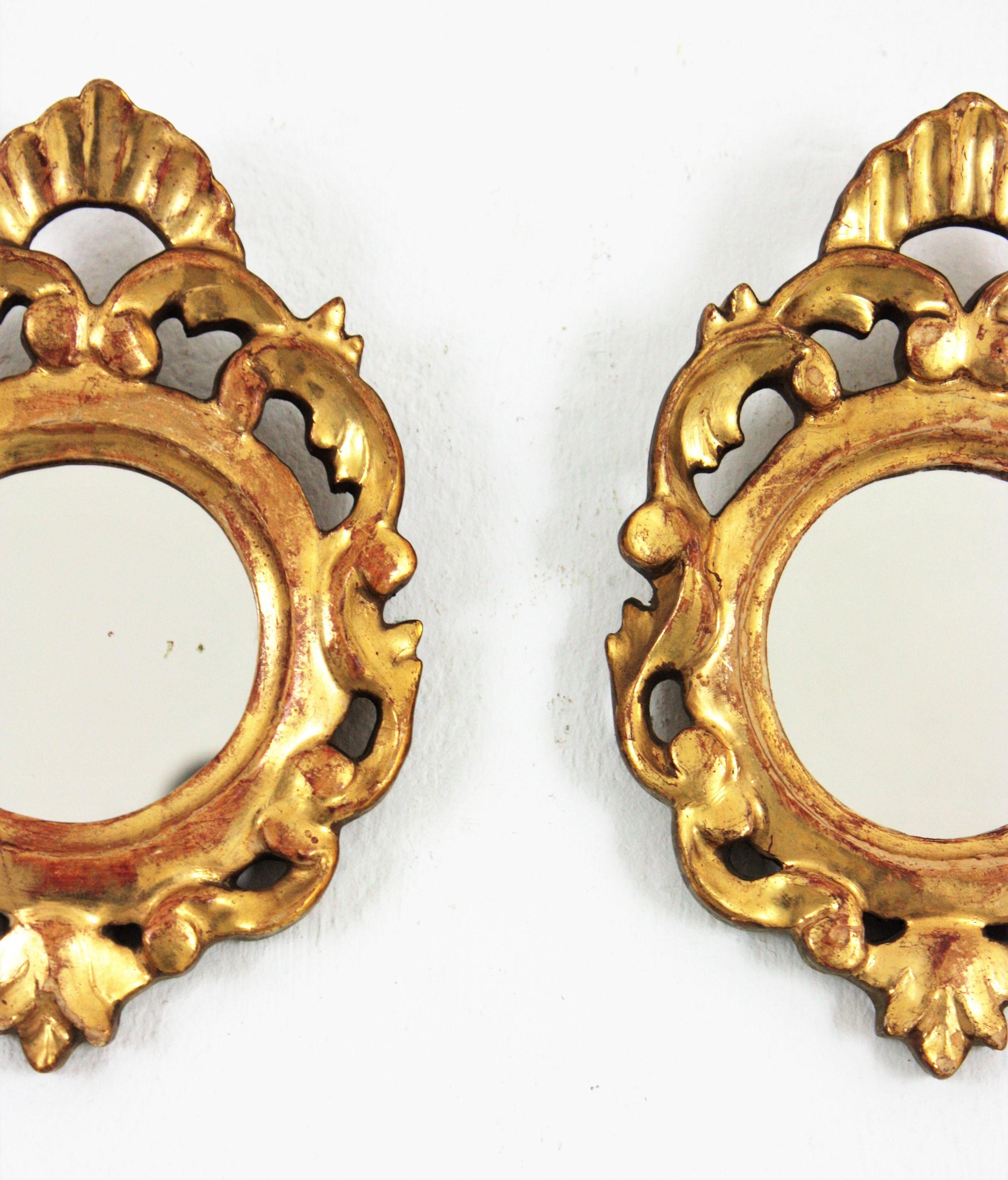 Spanish Rococo Style Carved Giltwood Miniature Wall Mirrors, Pair For Sale